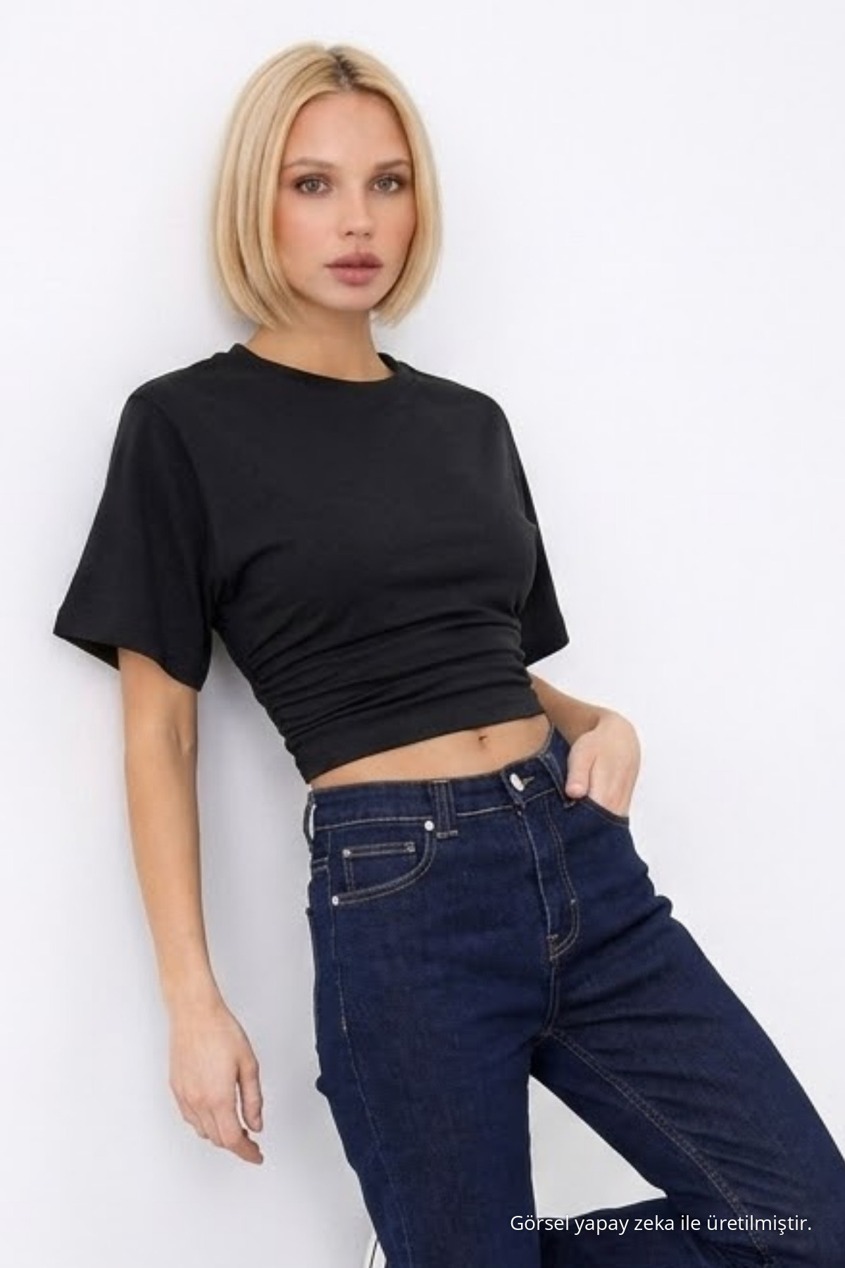 Kadın Fashion Slim Fit Siyah Crop Tişört 3