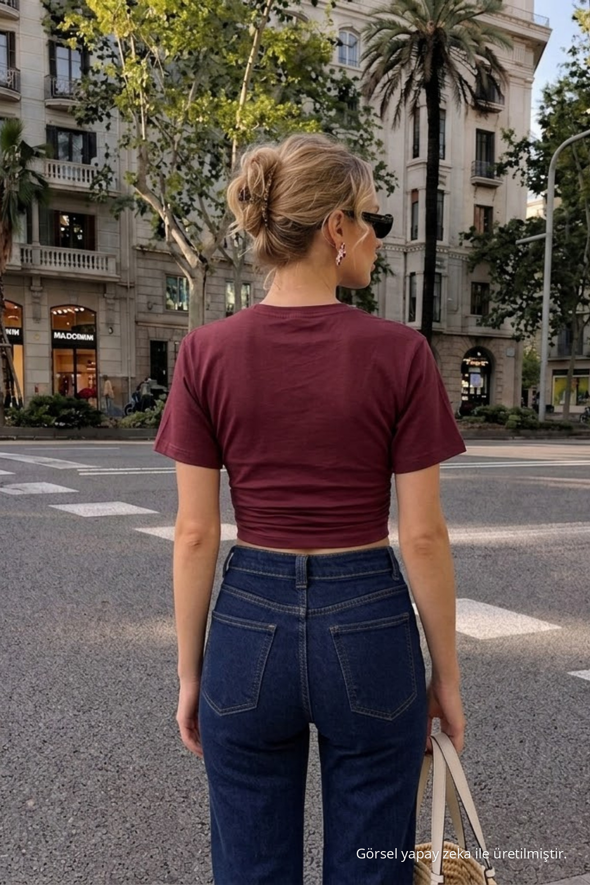 Kadın Bisiklet Yaka Bordo Crop Tişört 5