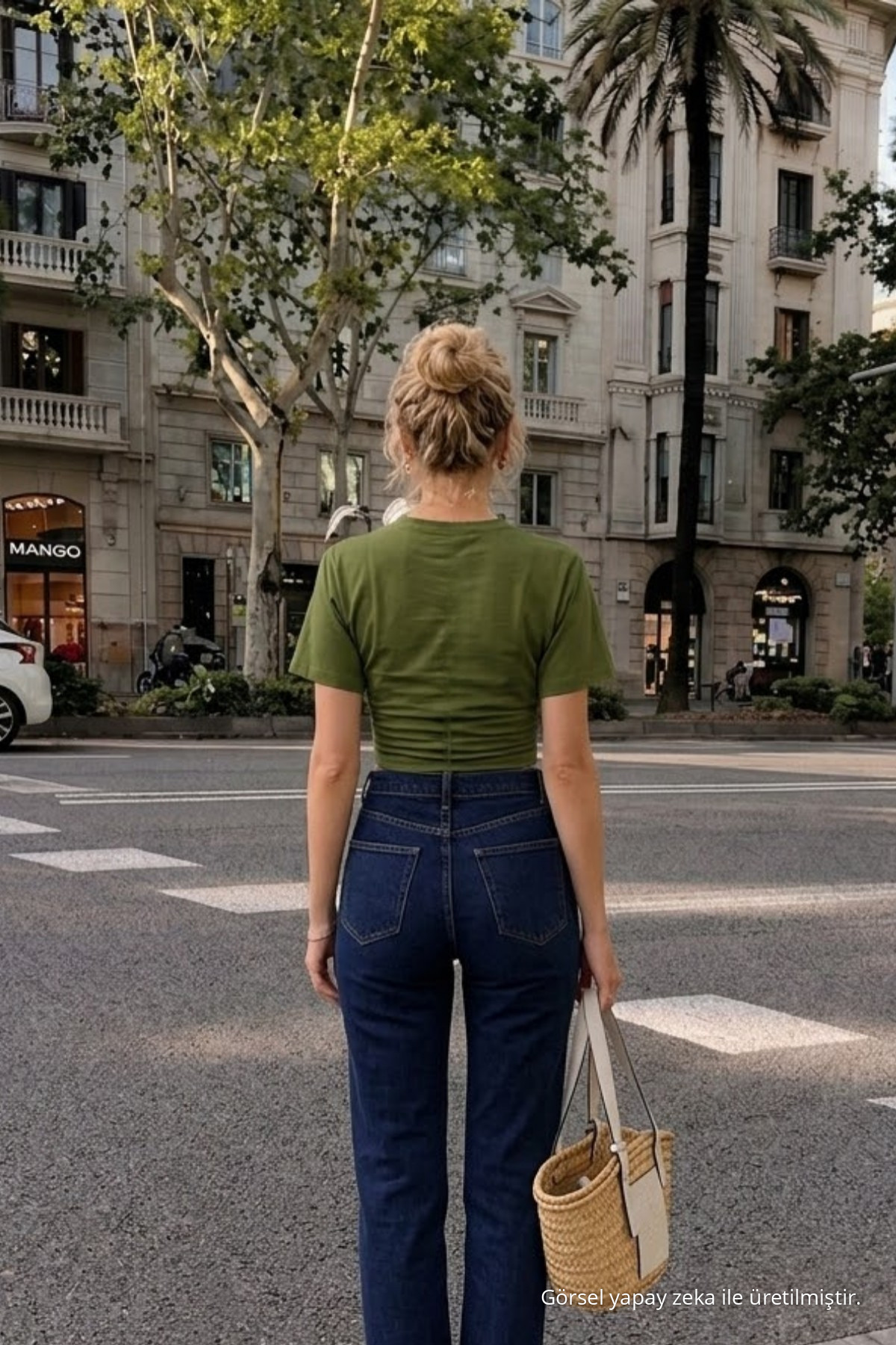 Kadın Bisiklet Yaka Haki Crop Tişört 5