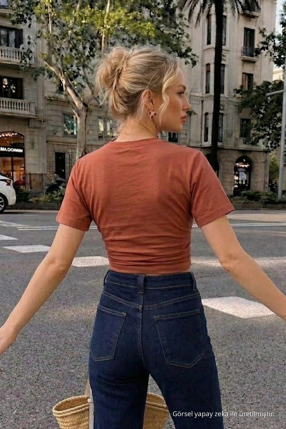 Kadın Bisiklet Yaka Pudra Crop Tişört 5