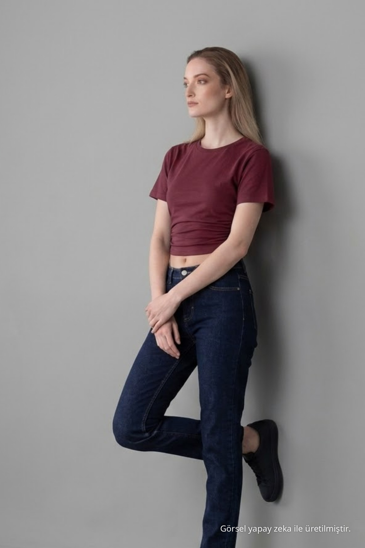 Kadın Geniş Kısa Kollu Bordo Crop Tişört 4