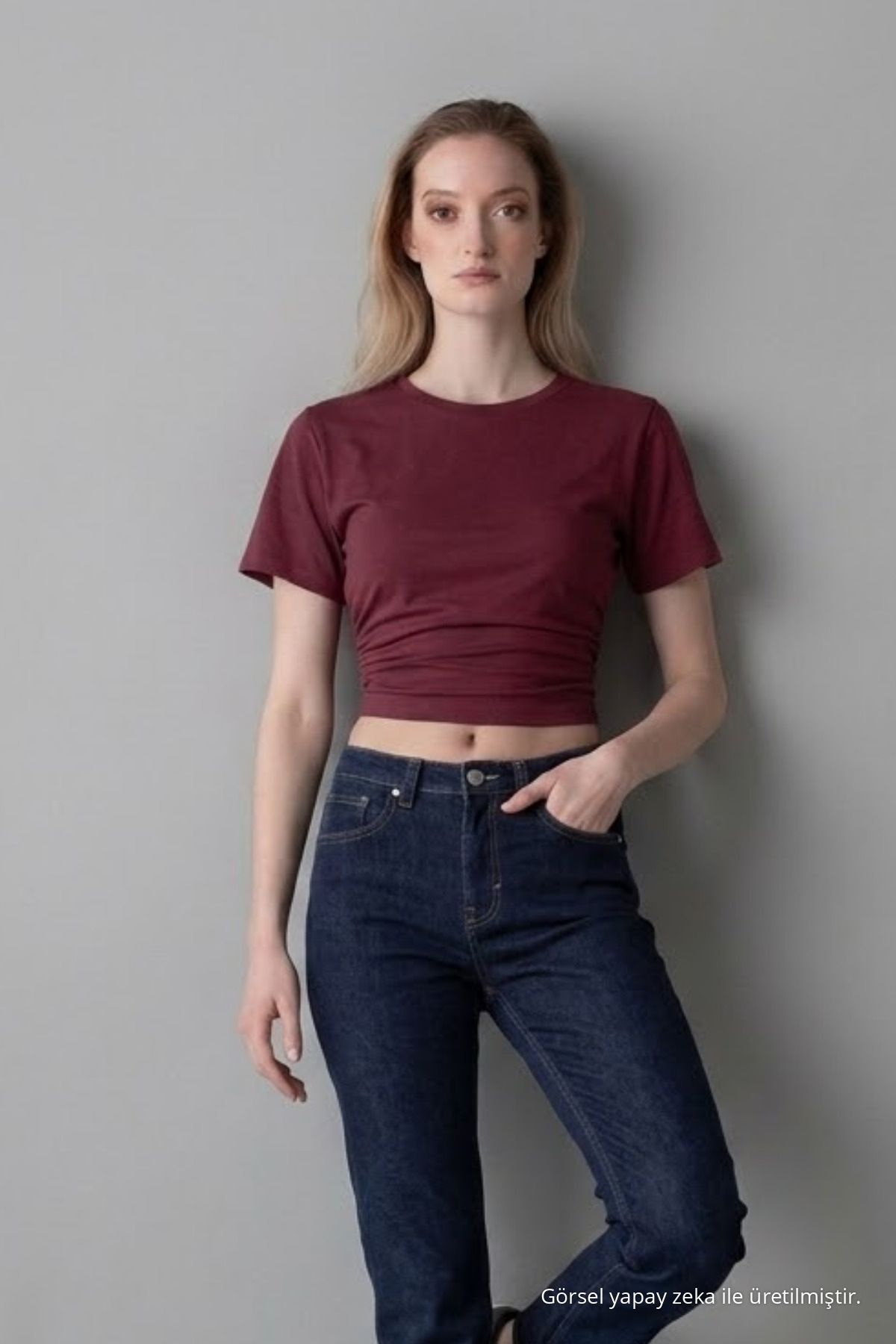 Kadın Geniş Kısa Kollu Bordo Crop Tişört 3