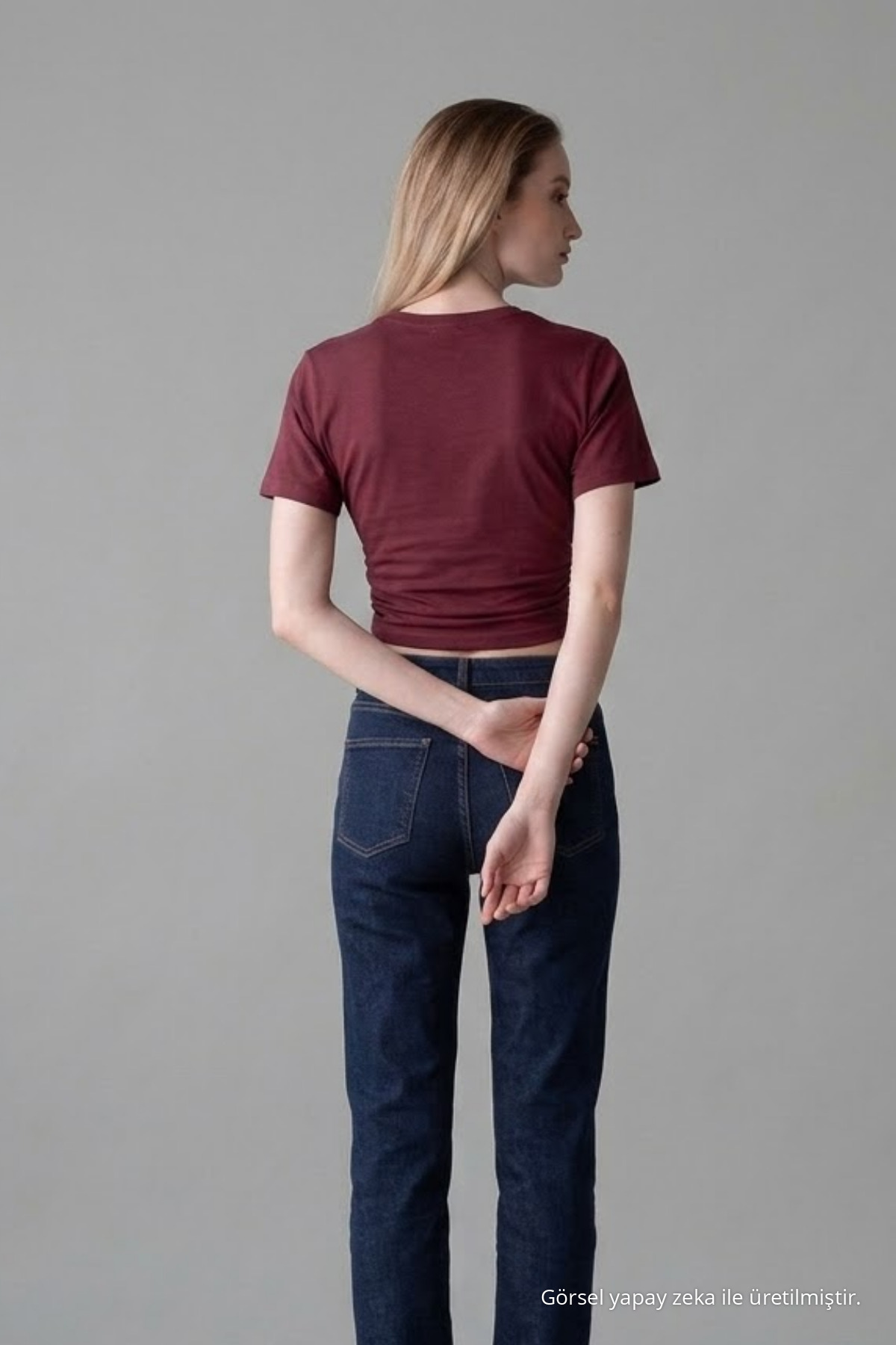 Kadın Geniş Kısa Kollu Bordo Crop Tişört 6