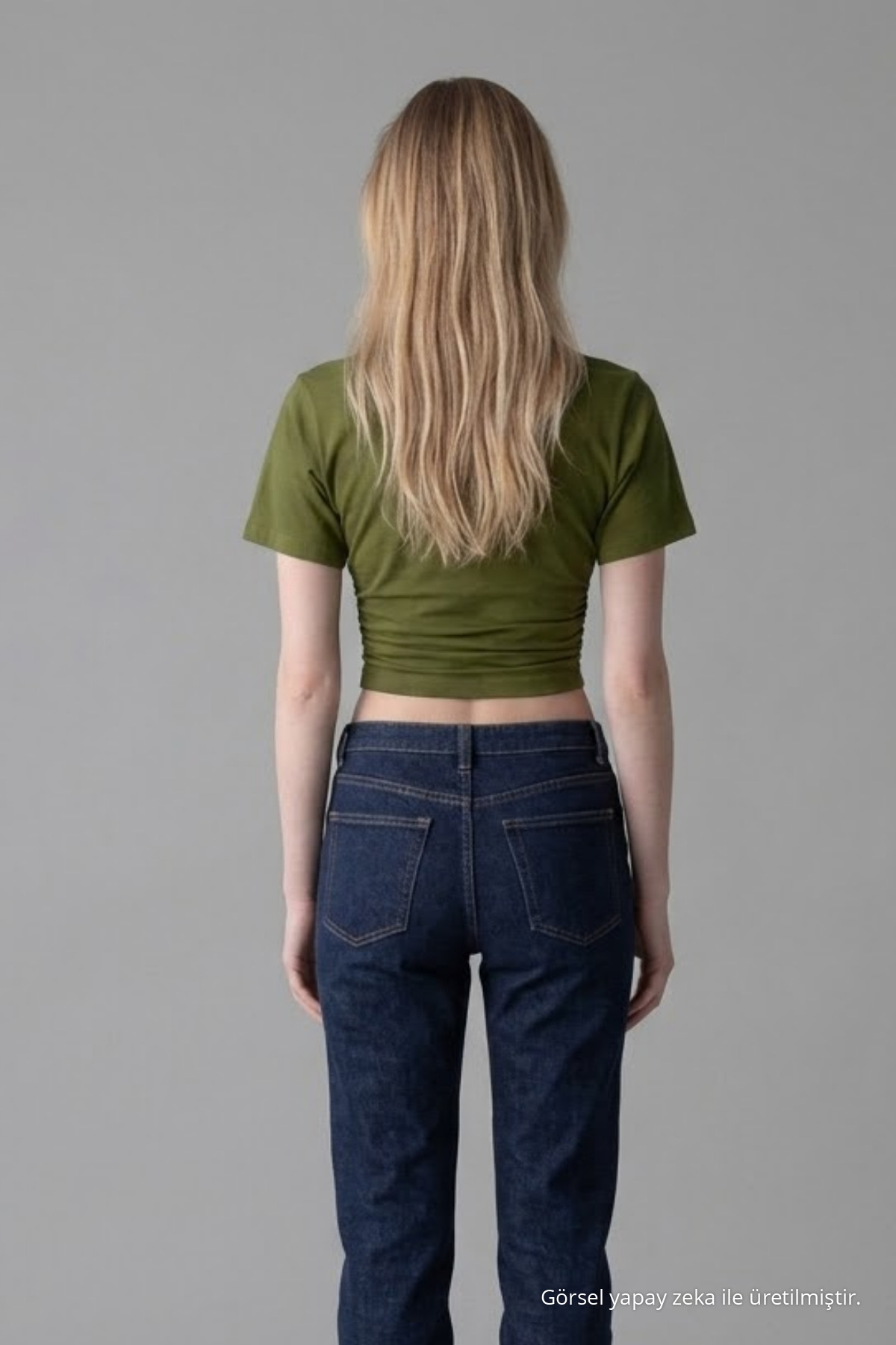 Kadın Geniş Kısa Kollu Haki Crop Tişört 5