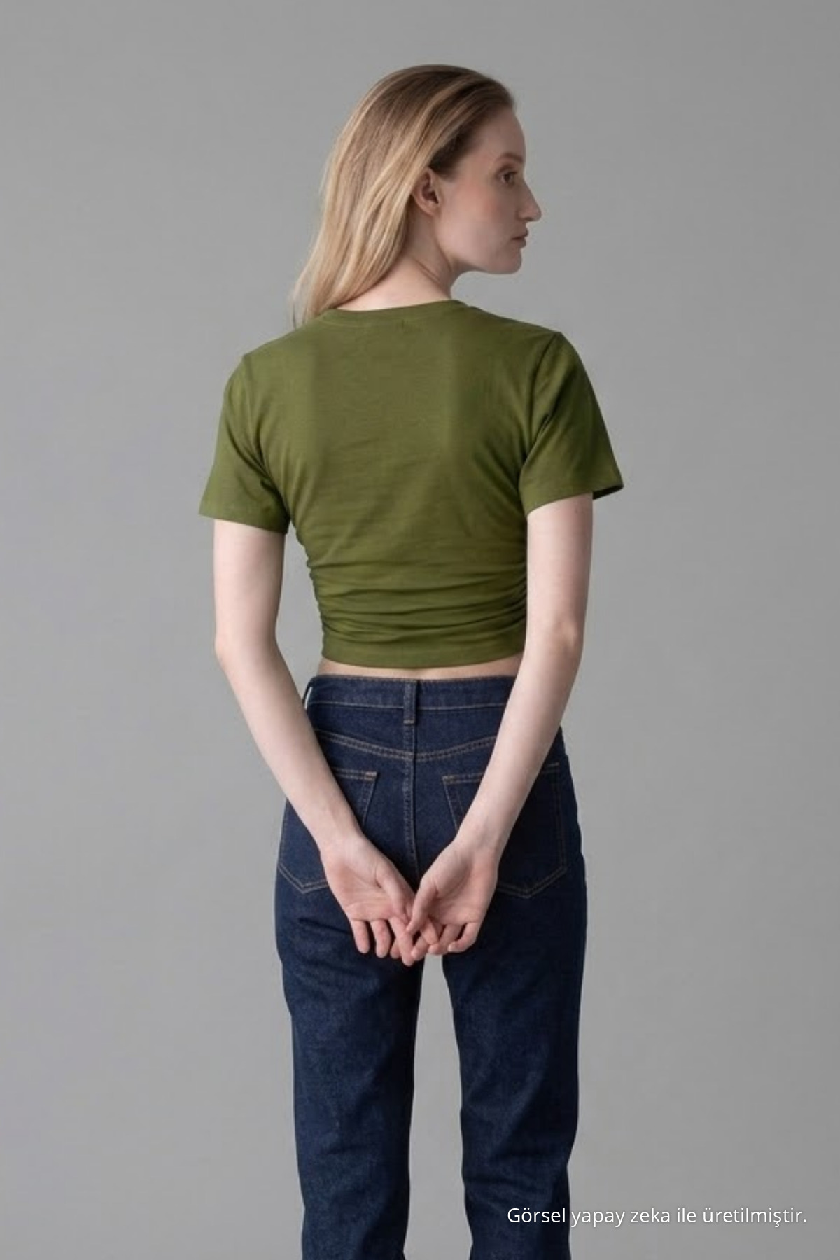 Kadın Geniş Kısa Kollu Haki Crop Tişört 6