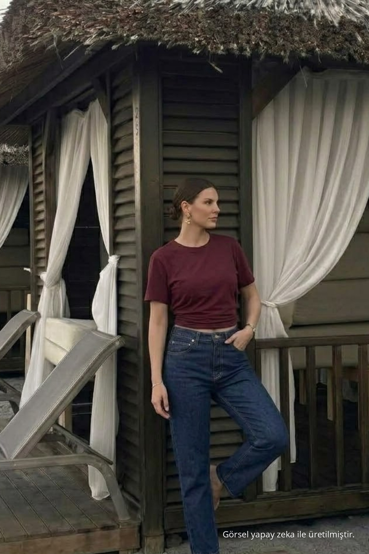 Kadın Premium Dar Bordo Crop Tişört 3