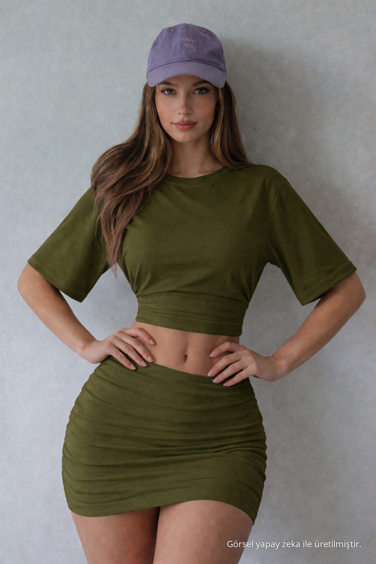 Kadın Yarasa Kollu Yazlık Haki Crop Bluz 3