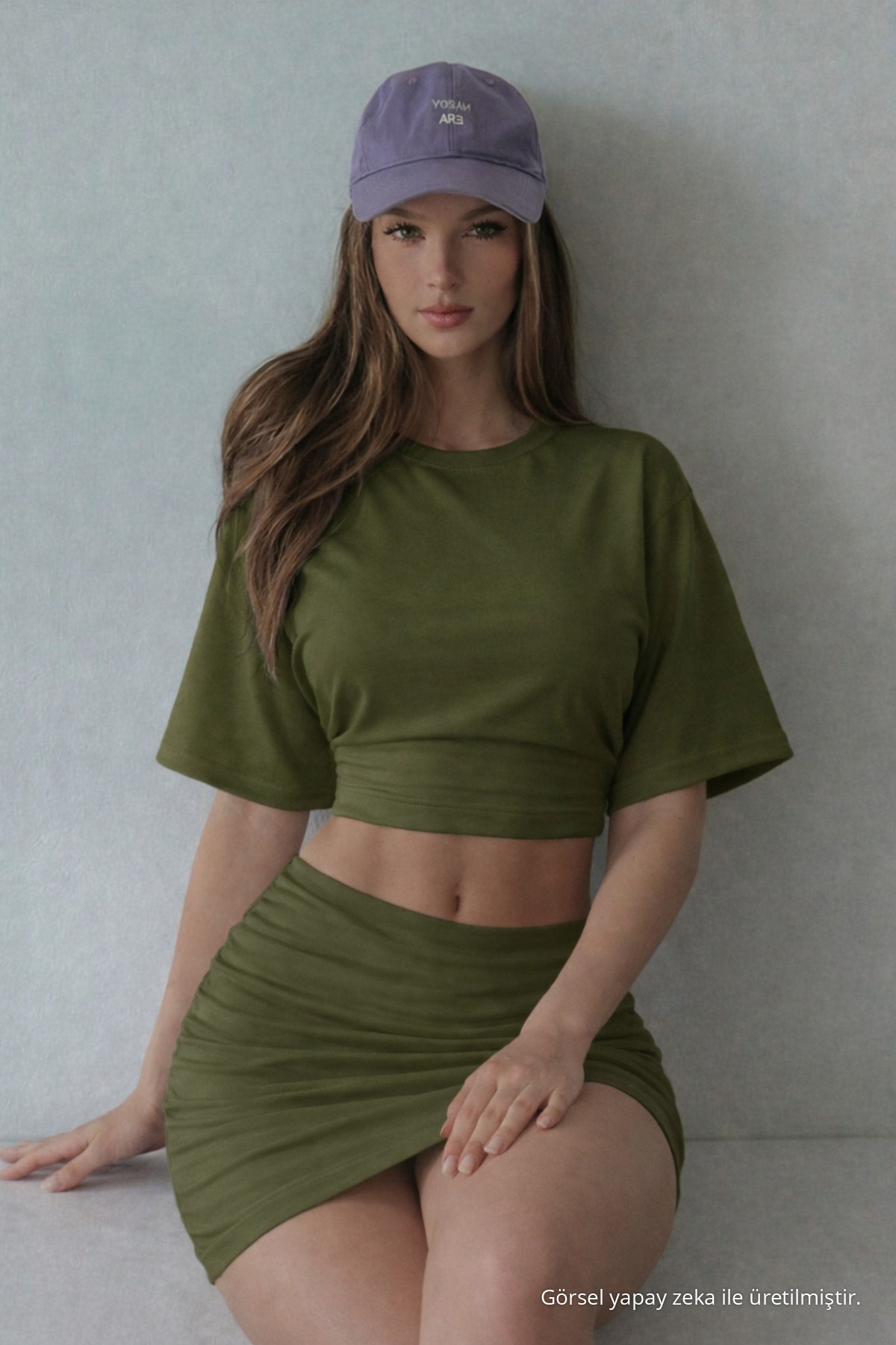 Kadın Yarasa Kollu Yazlık Haki Crop Bluz 5