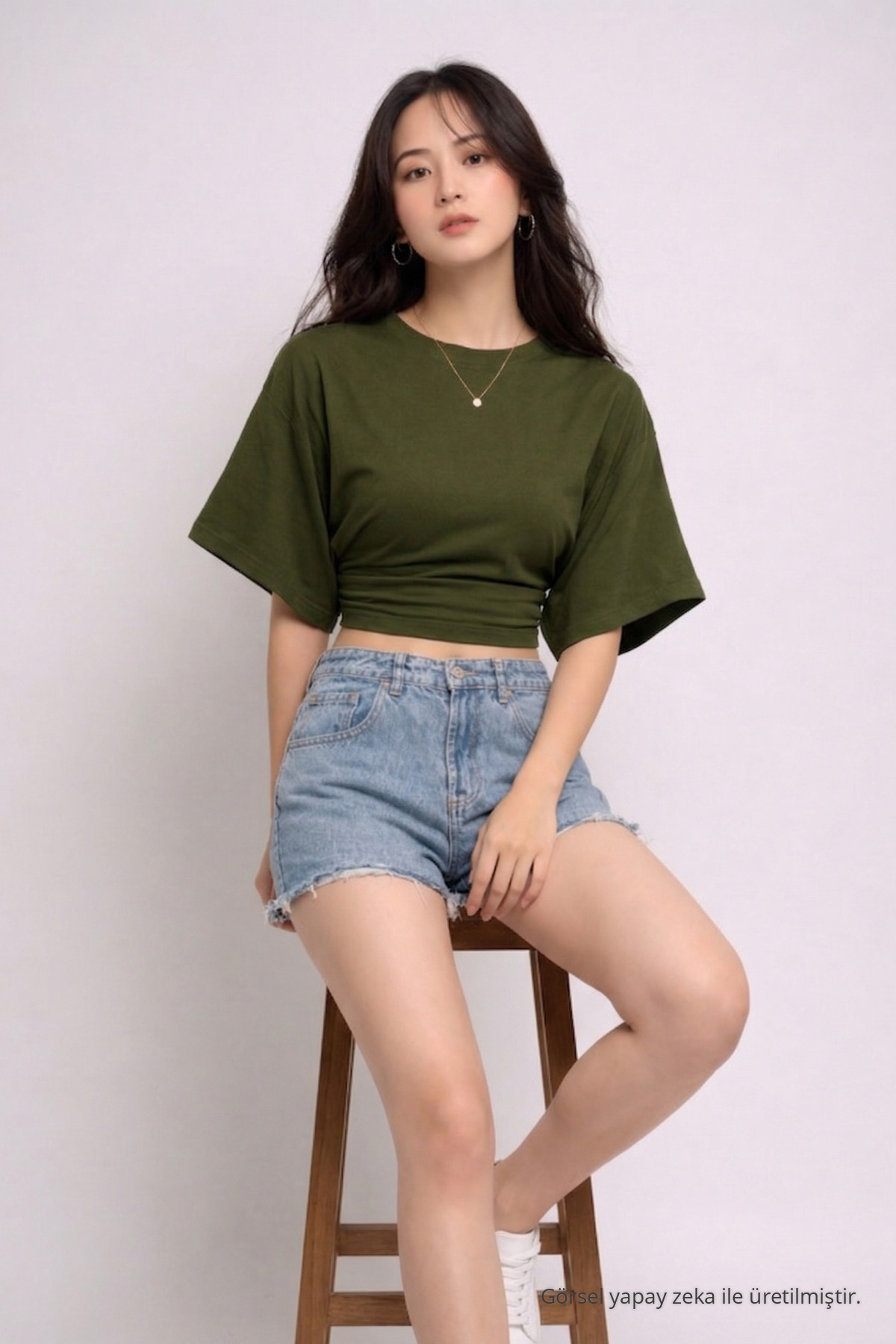 Kadın Yazlık Kısa Kollu Haki Crop Bluz 6