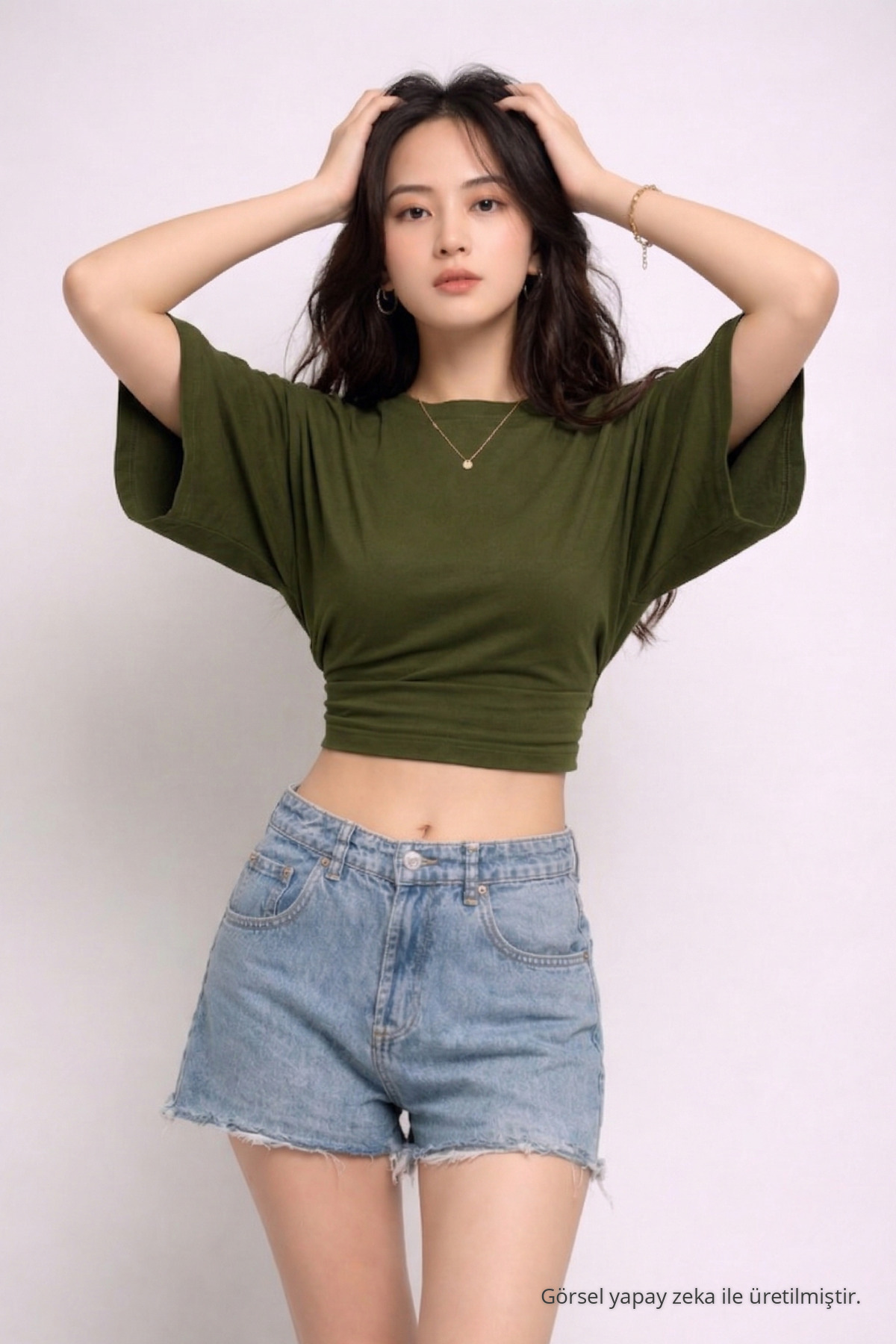Kadın Yazlık Kısa Kollu Haki Crop Bluz 3
