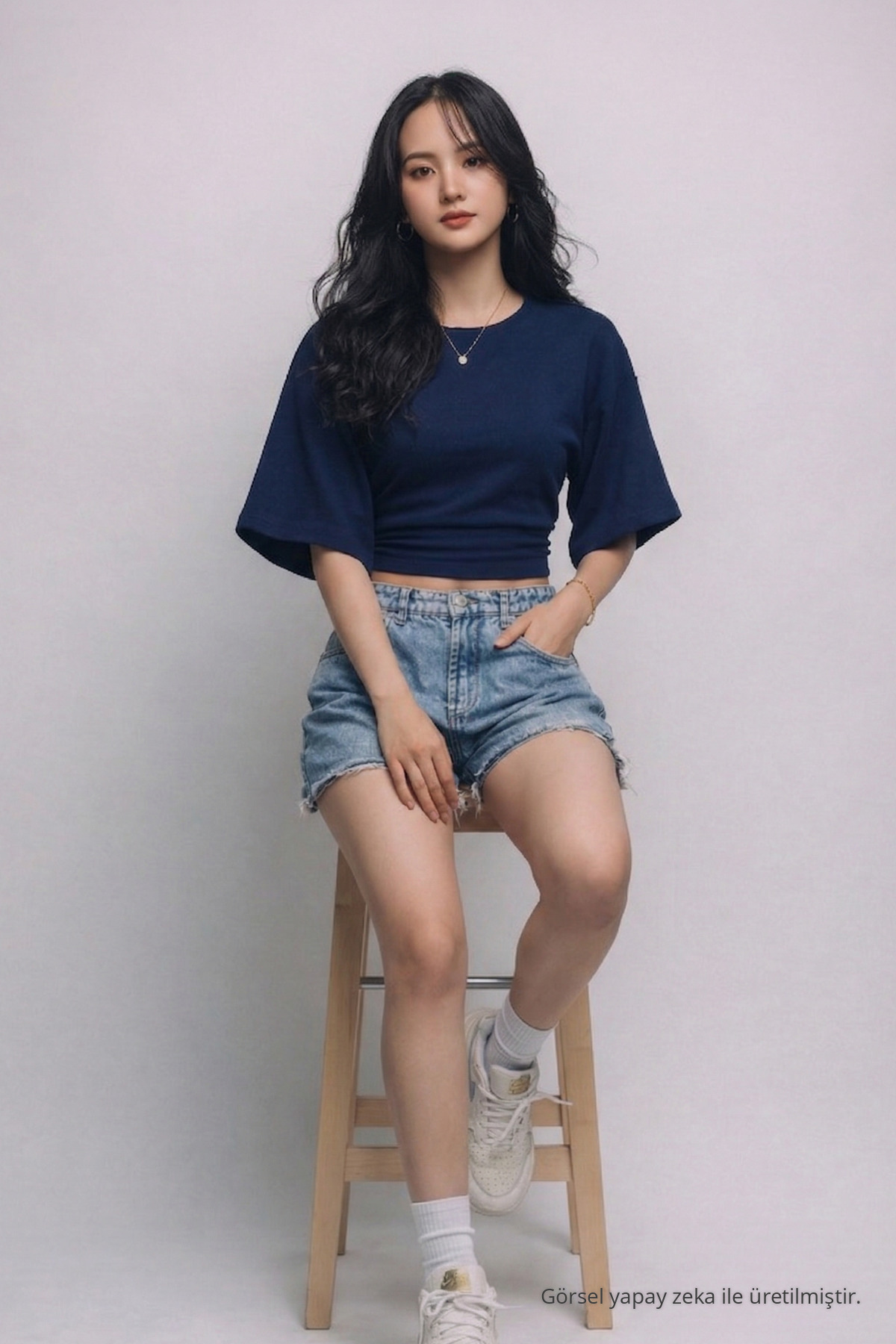 Kadın Yazlık Kısa Kollu Lacivert Crop Bluz 3
