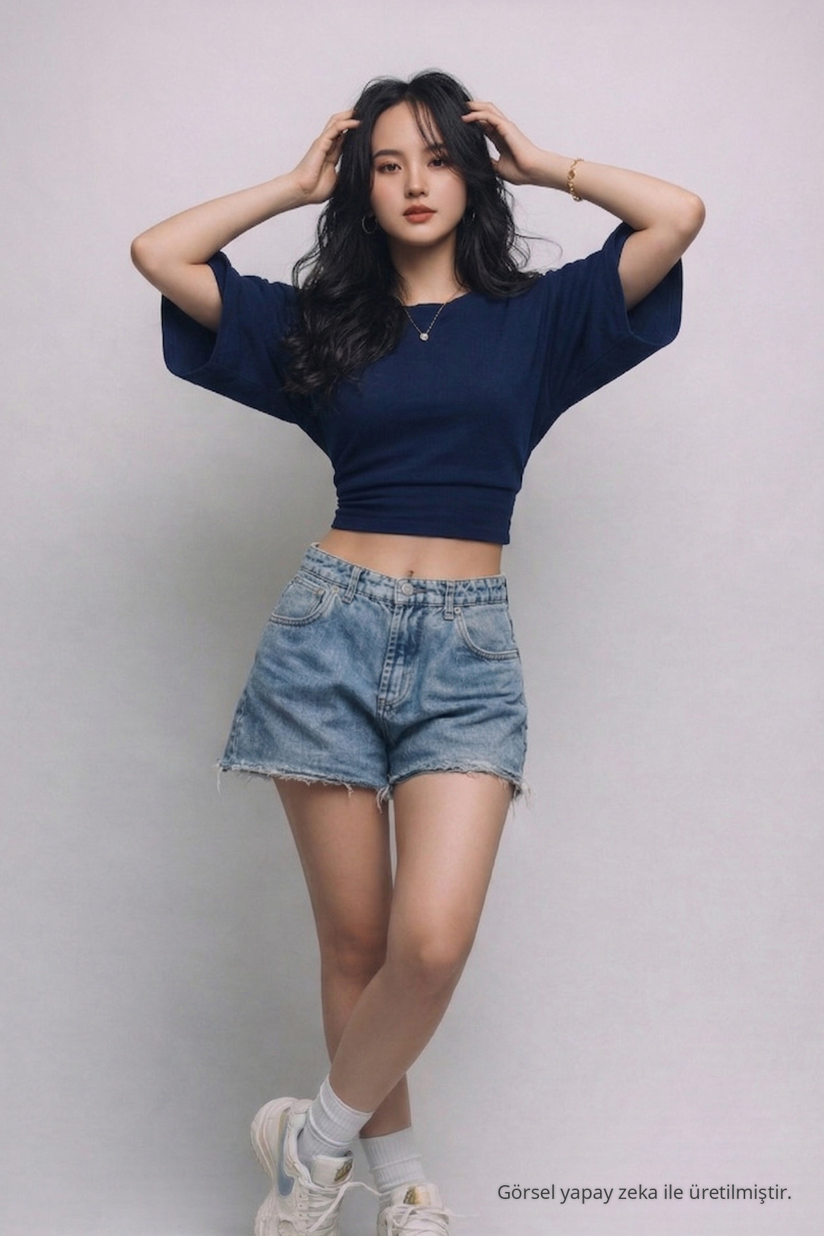 Kadın Yazlık Kısa Kollu Lacivert Crop Bluz 5