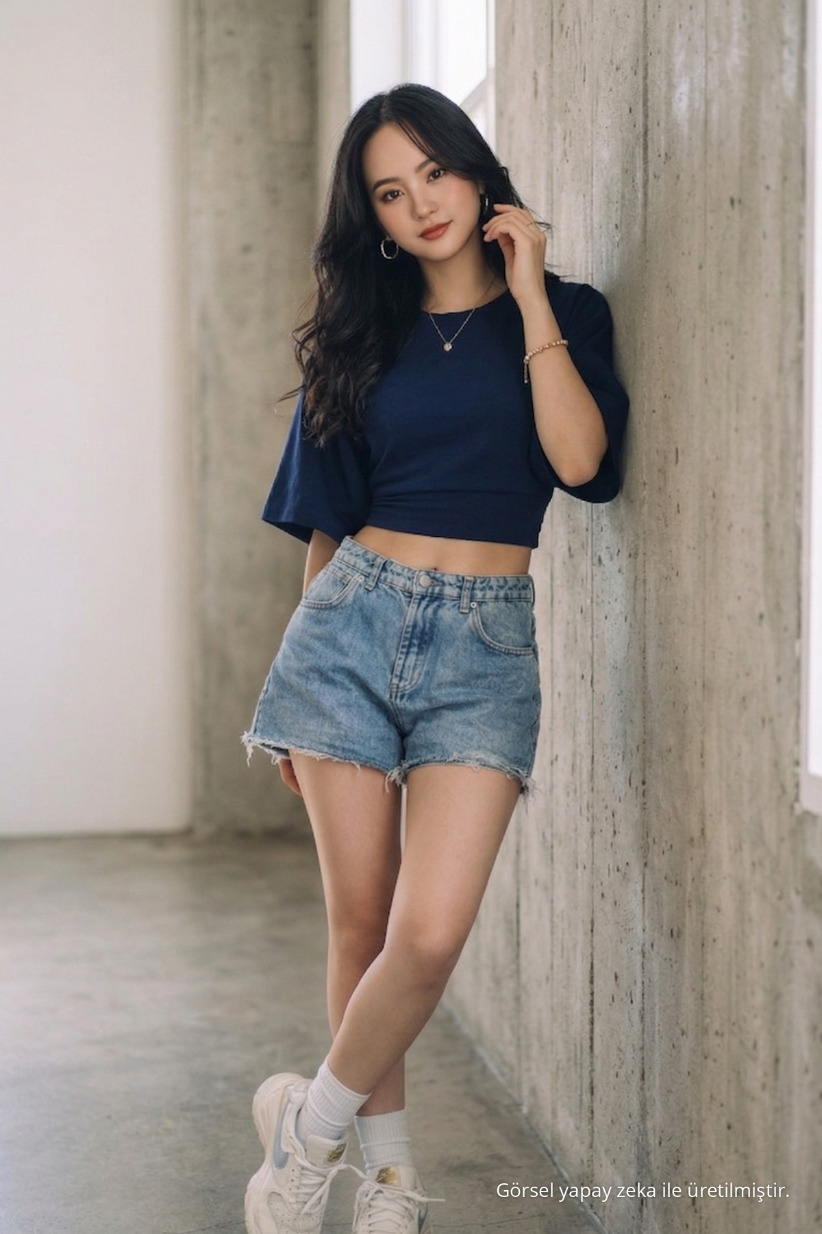 Kadın Yazlık Kısa Kollu Lacivert Crop Bluz 4