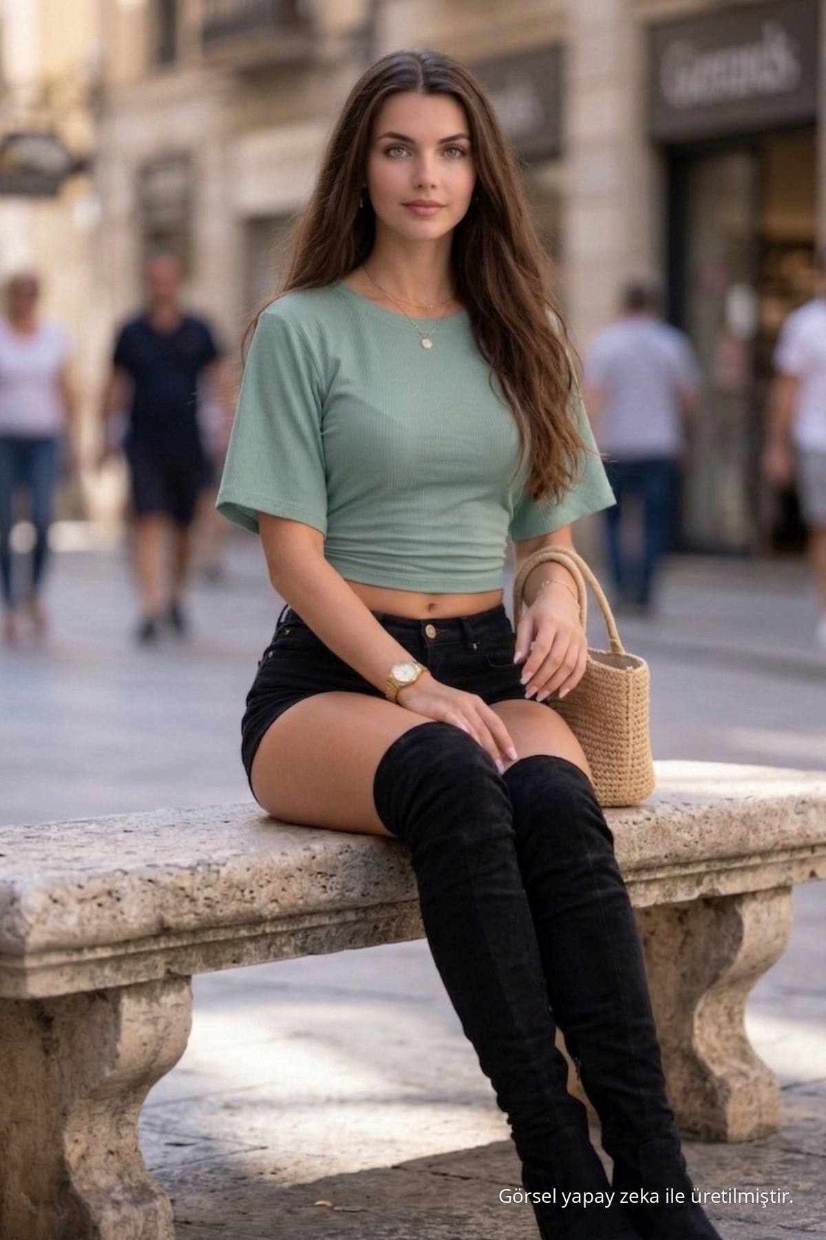 Kadın Bisiklet Yaka Dar Çağla Crop Bluz 3