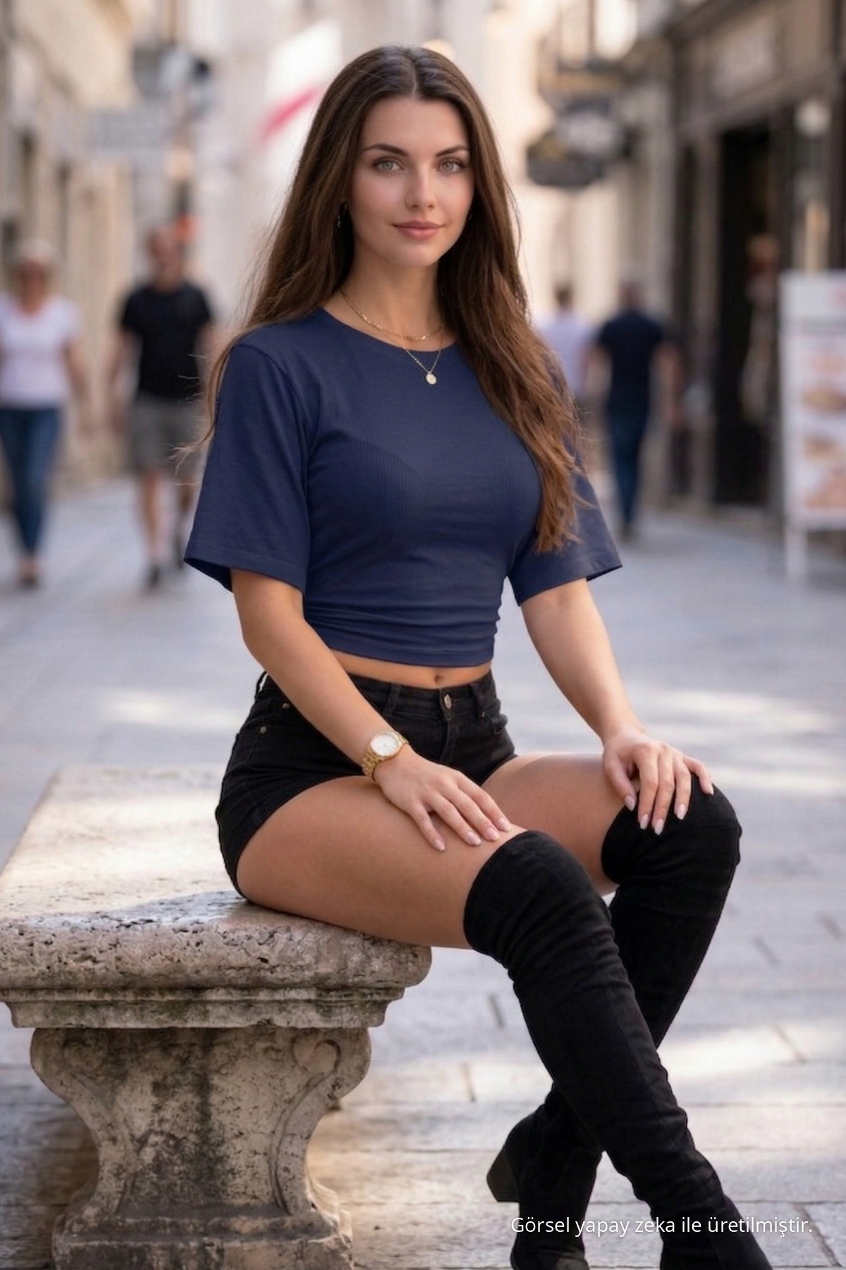 Kadın Bisiklet Yaka Dar Lacivert Crop Bluz 3