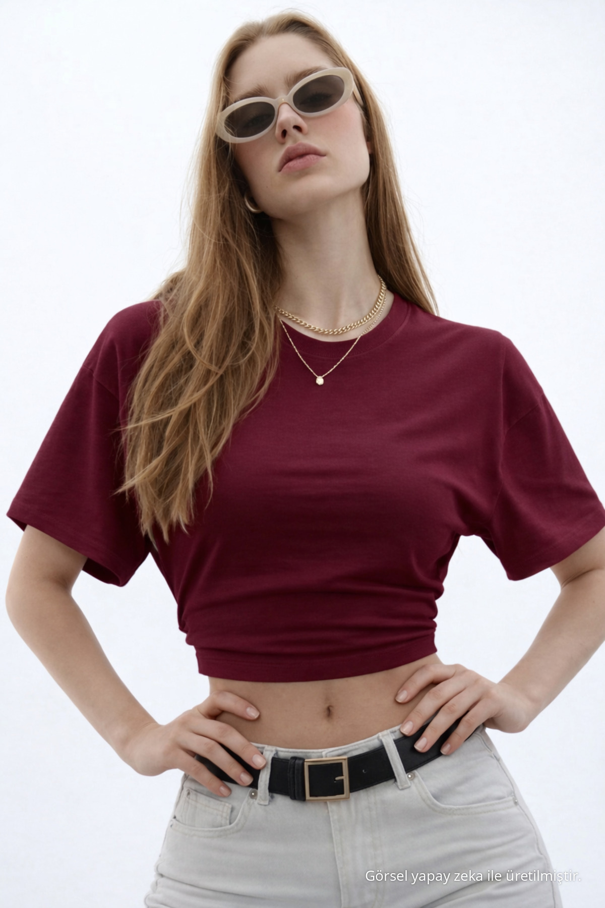 Kadın Basic Bel Detaylı Bordo Crop Bluz 5