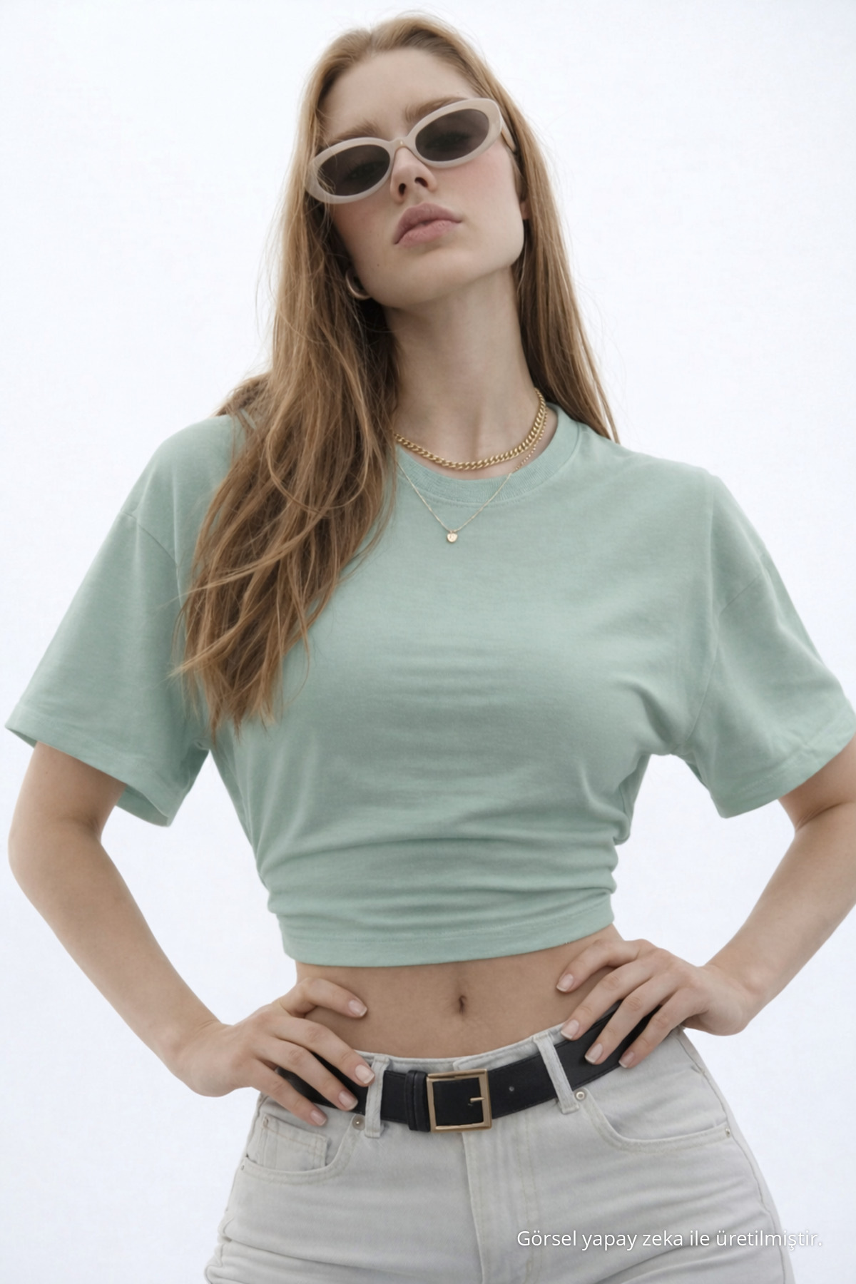 Kadın Basic Bel Detaylı Çağla Crop Bluz 3