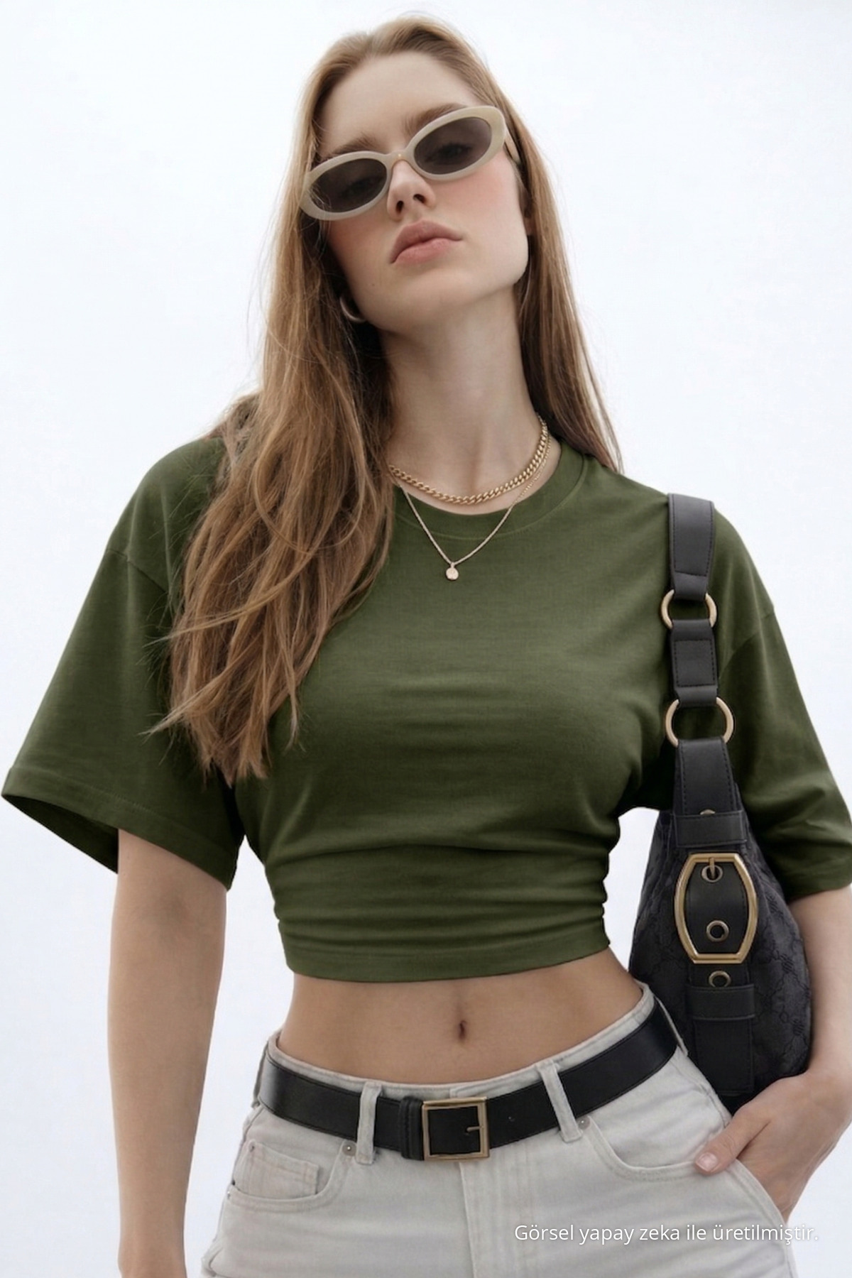 Kadın Basic Bel Detaylı Haki Crop Bluz 5