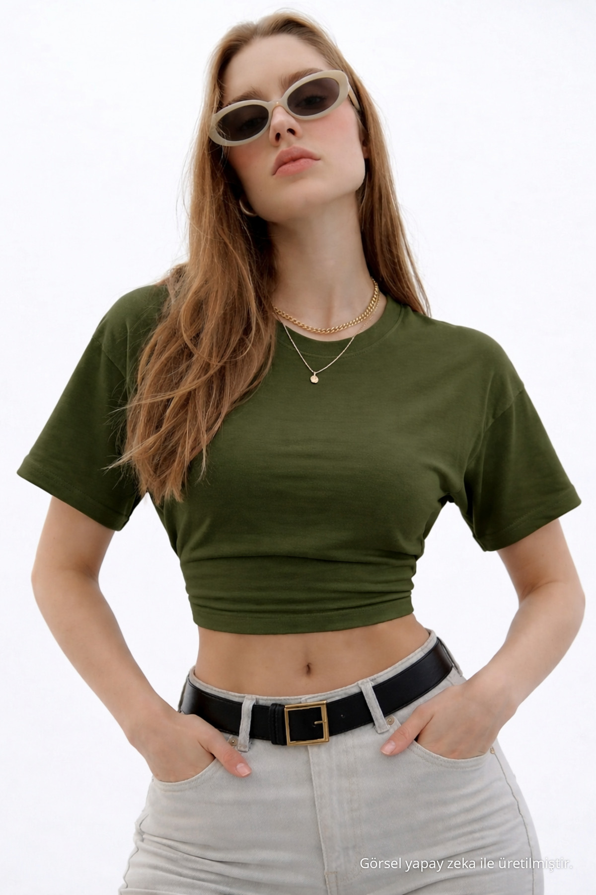 Kadın Basic Bel Detaylı Haki Crop Bluz 3