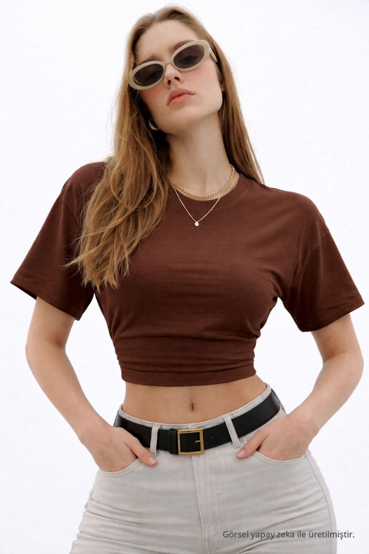 Kadın Basic Bel Detaylı Kahve Crop Bluz 4