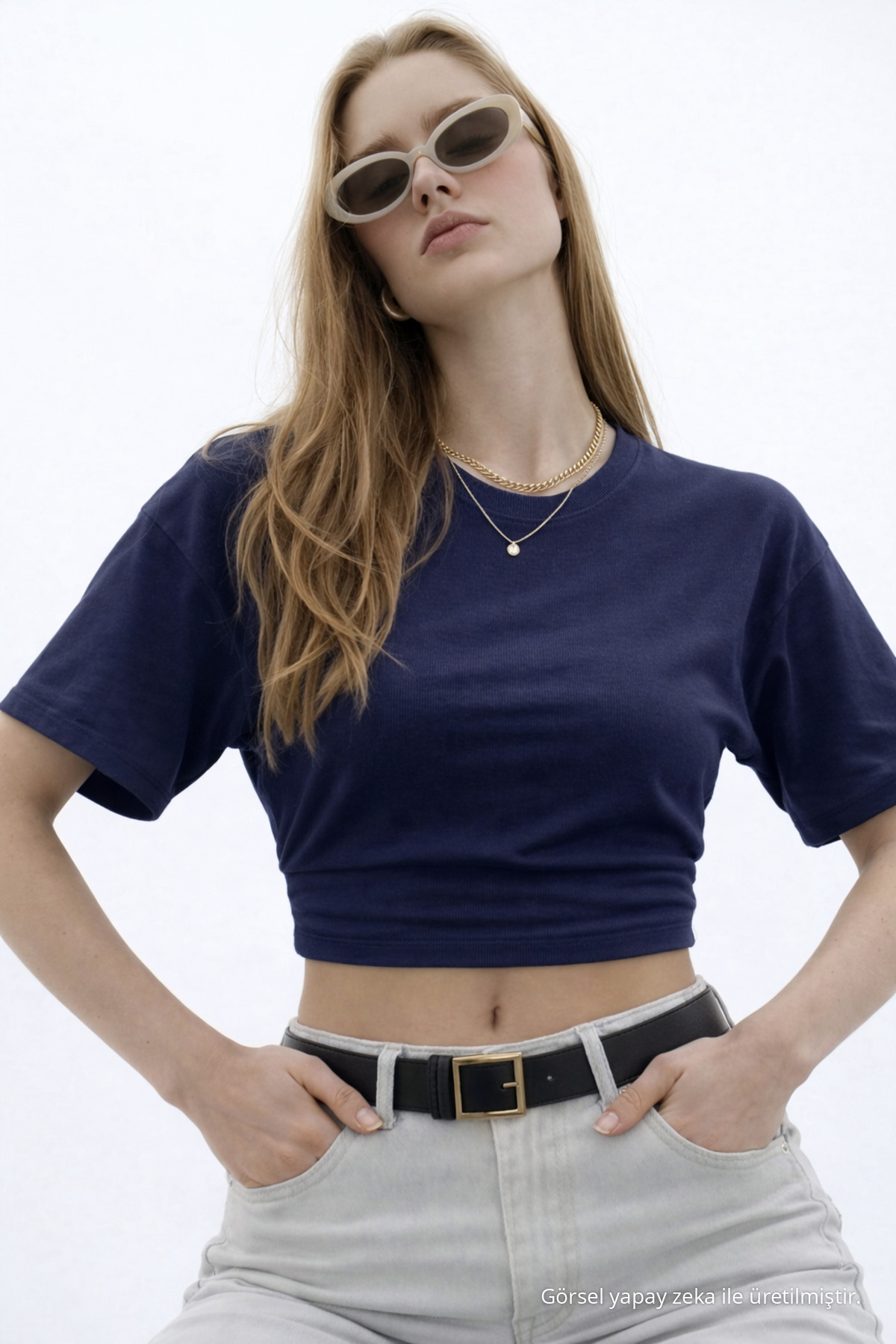 Kadın Basic Bel Detaylı Lacivert Crop Bluz 3