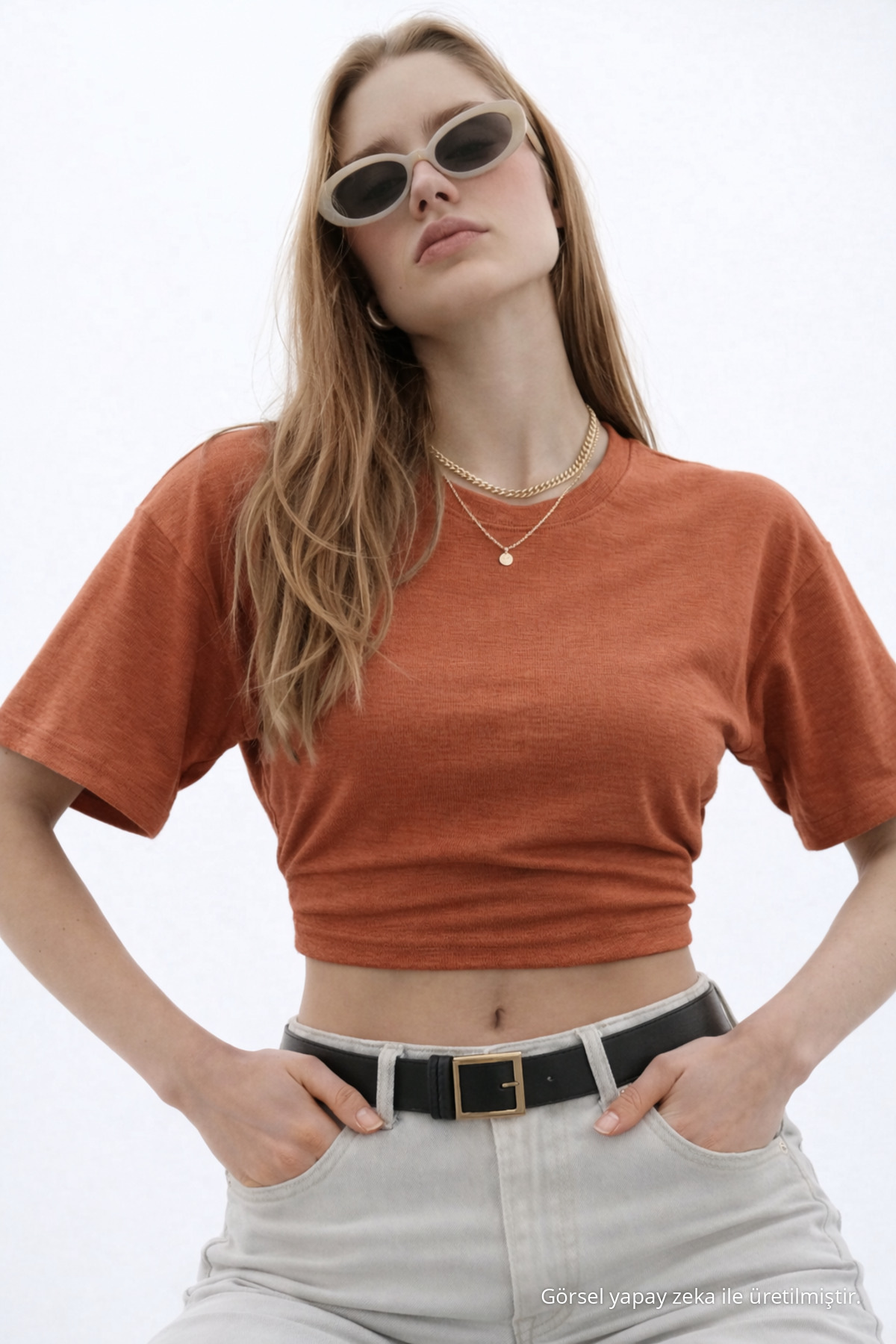 Kadın Basic Bel Detaylı Pudra Crop Bluz 4