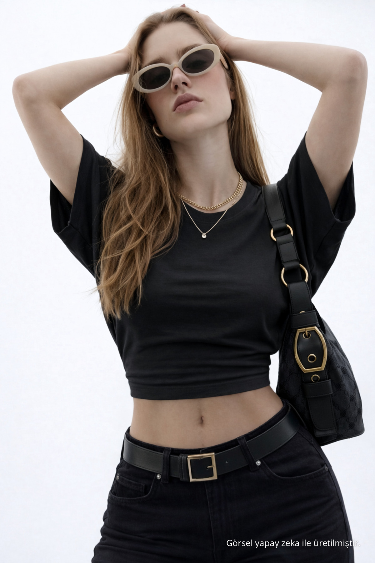 Kadın Basic Bel Detaylı Siyah Crop Bluz 3