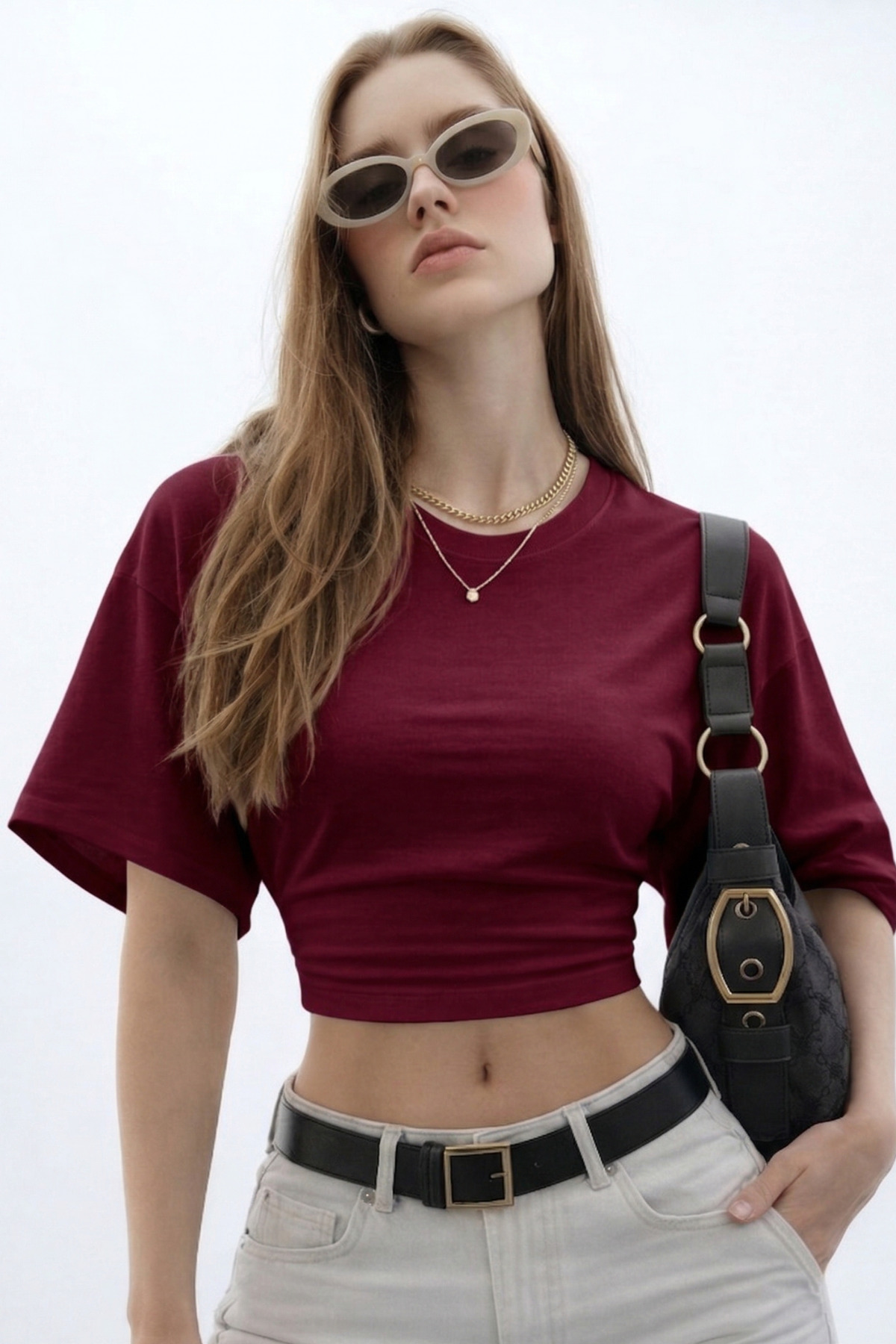 Kadın Basic Bel Detaylı Bordo Crop Bluz