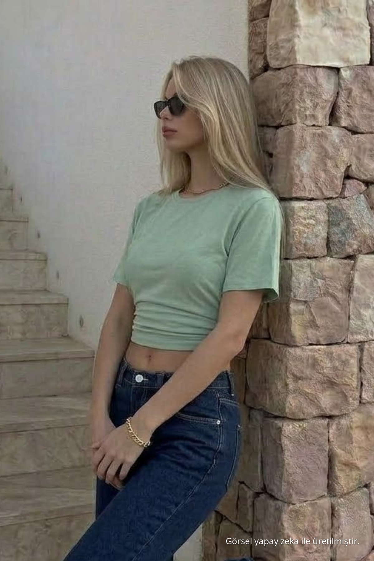 Kadın Vücuda Oturan Çağla Crop Tişört 4