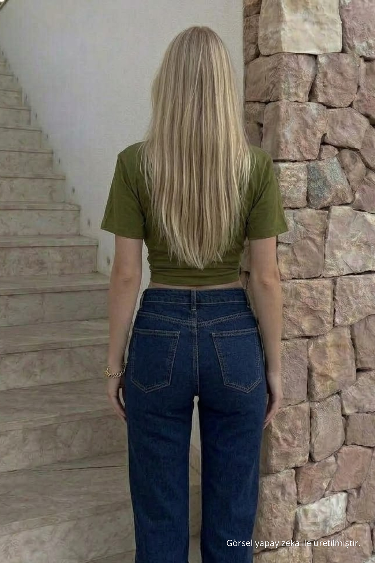 Kadın Vücuda Oturan Haki Crop Tişört 5