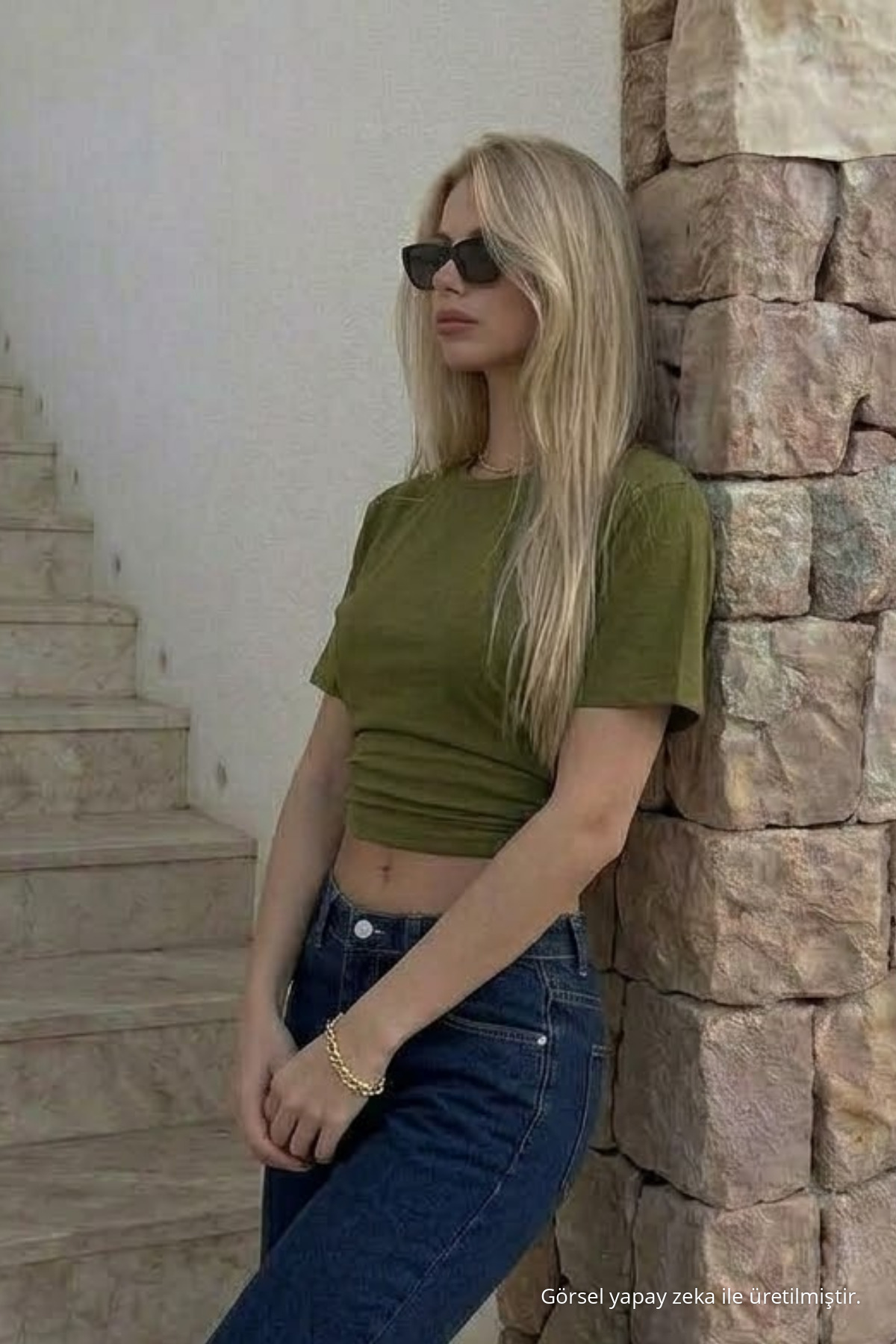 Kadın Vücuda Oturan Haki Crop Tişört 4