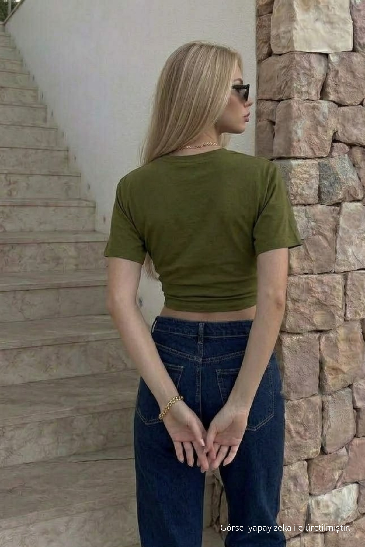 Kadın Vücuda Oturan Haki Crop Tişört 6