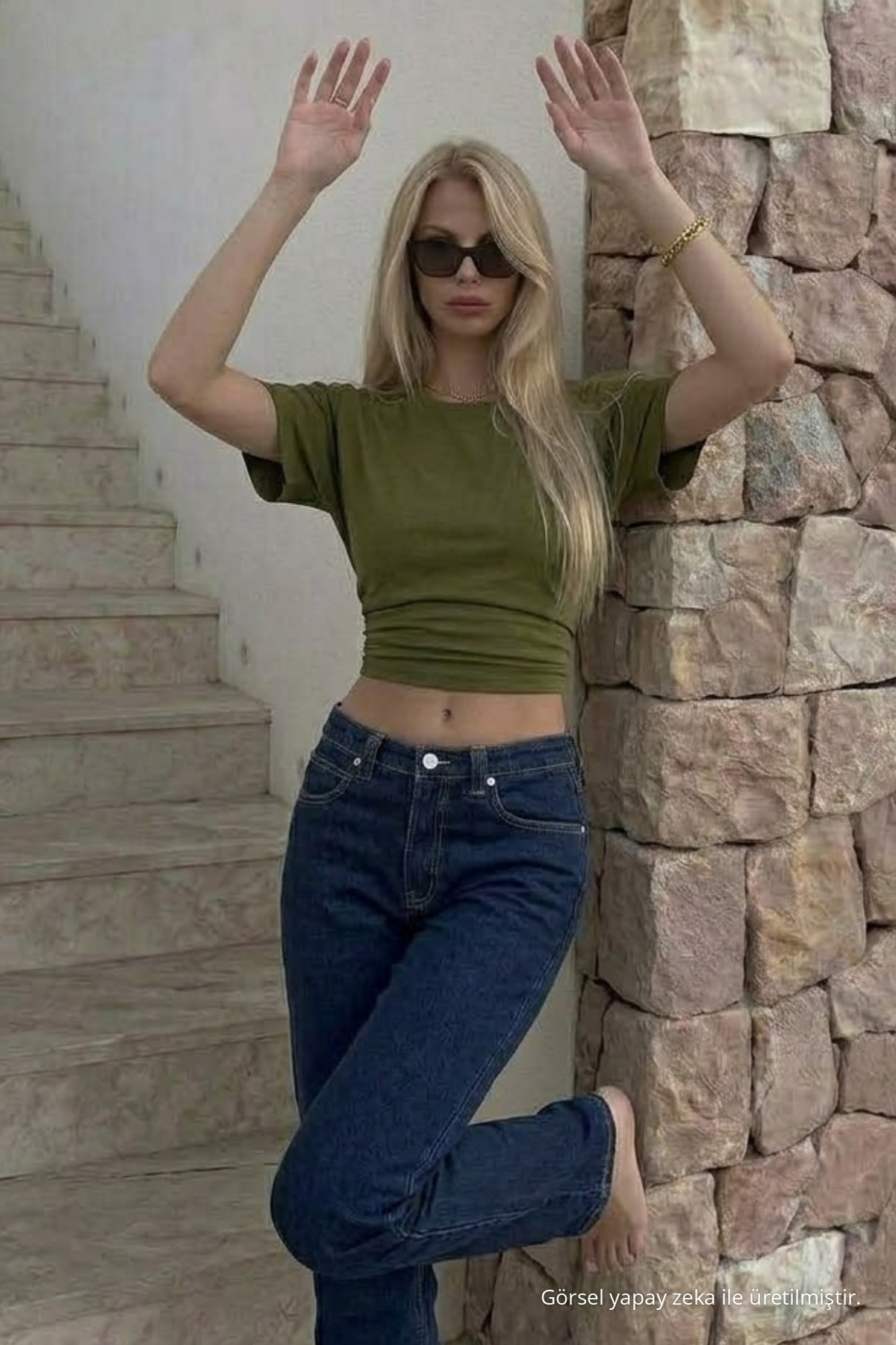 Kadın Vücuda Oturan Haki Crop Tişört 3