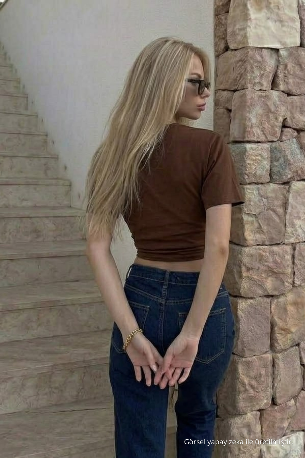 Kadın Vücuda Oturan Kahve Crop Tişört 6
