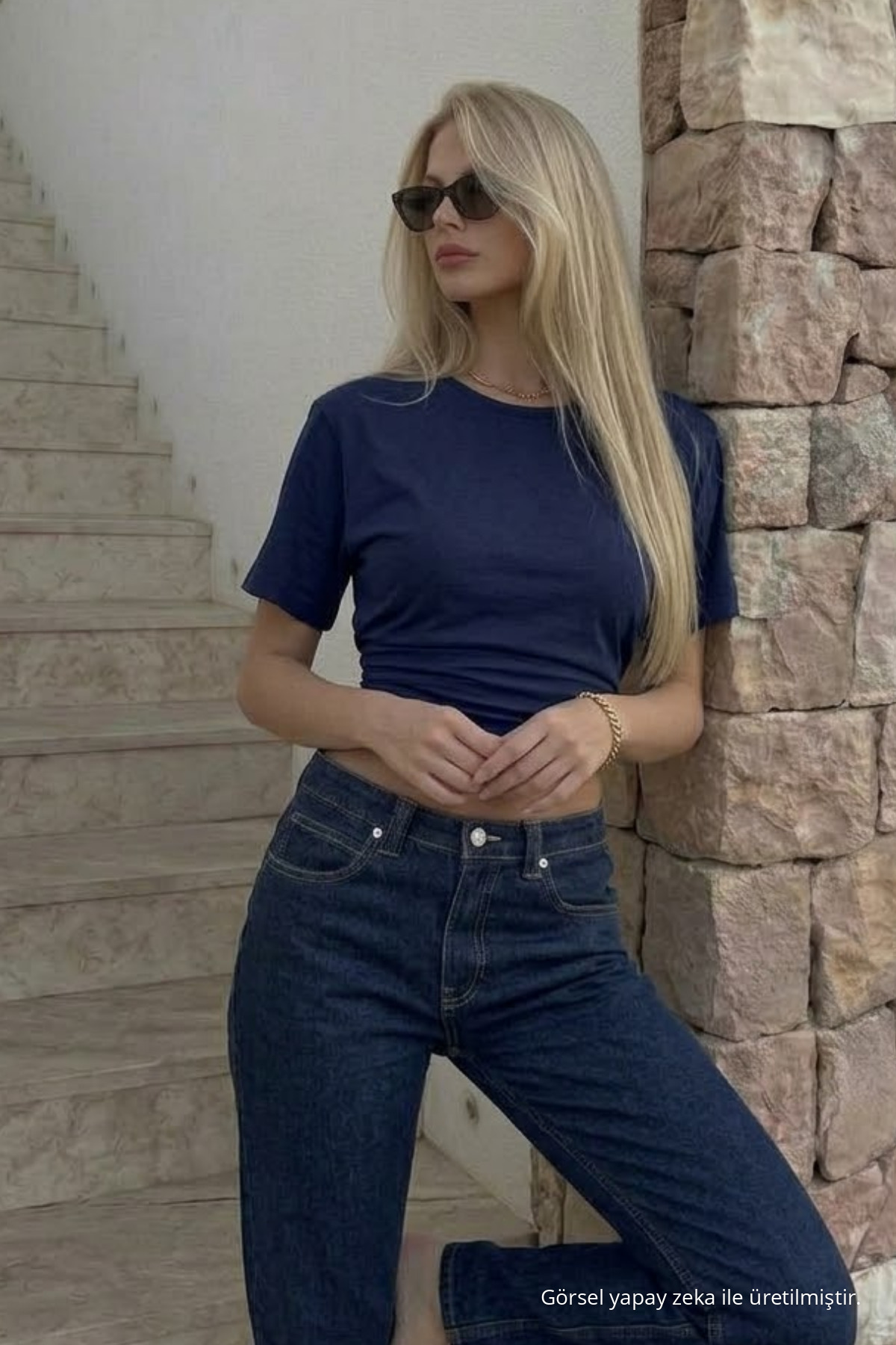 Kadın Vücuda Oturan Lacivert Crop Tişört 4