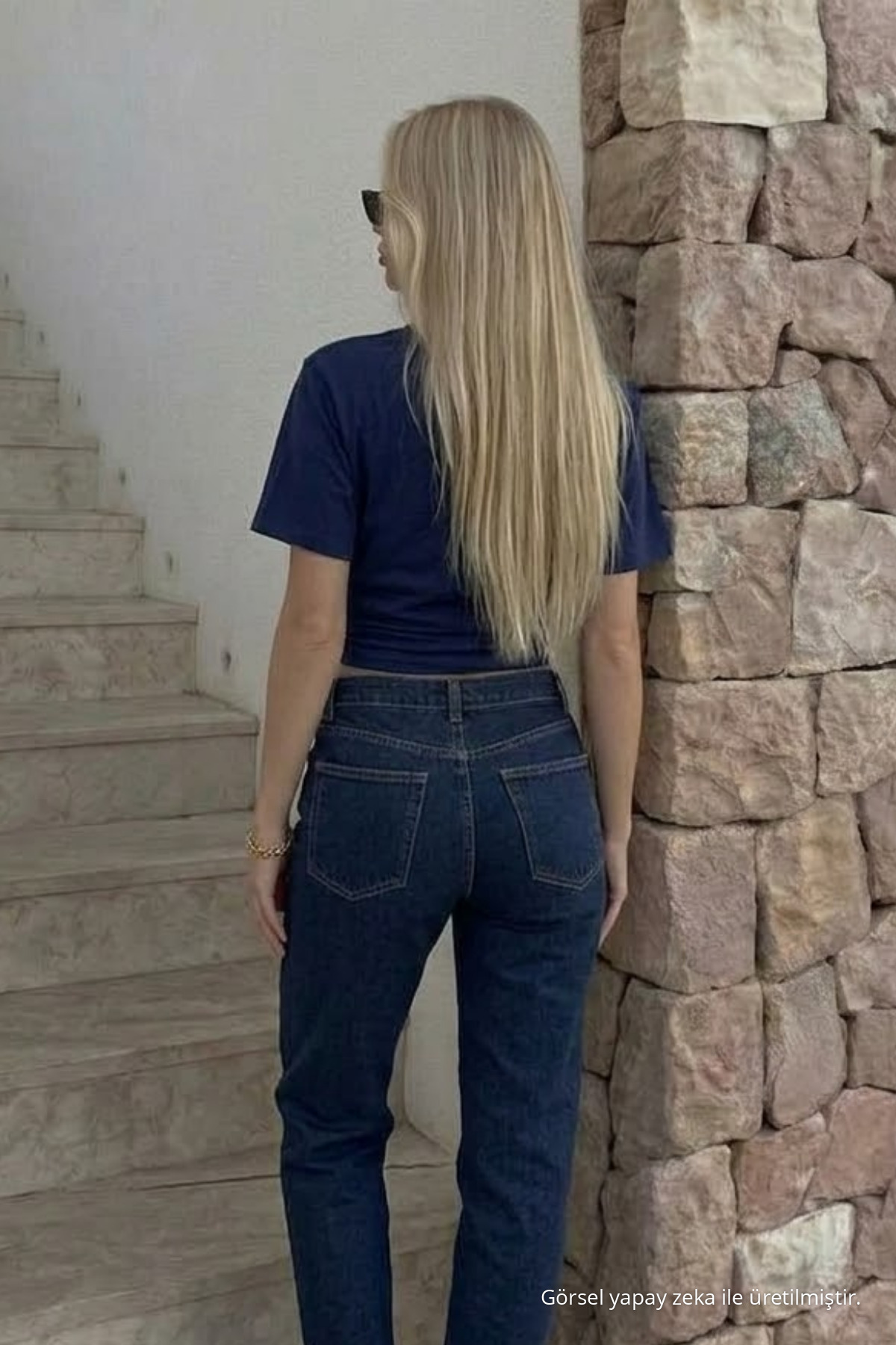 Kadın Vücuda Oturan Lacivert Crop Tişört 5