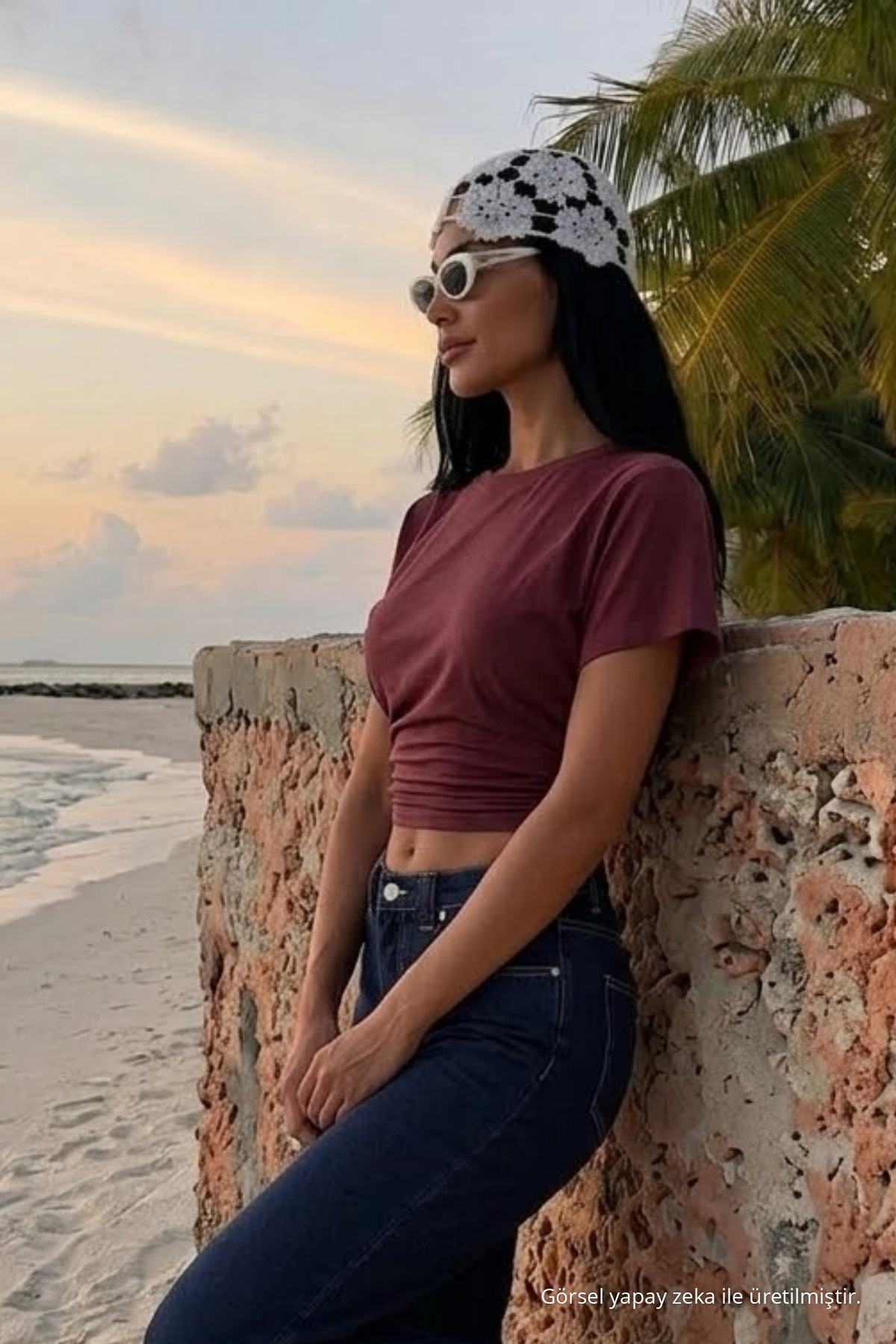 Kadın Yarasa Kollu Dar Bordo Crop Tişört 4