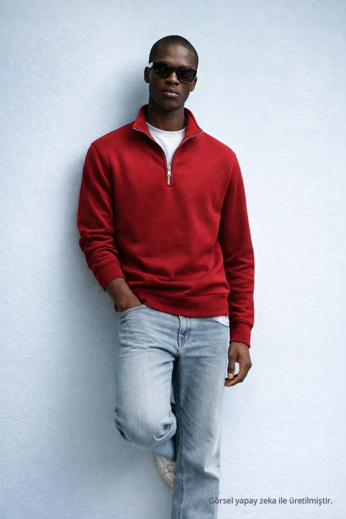 Erkek Kışlık Örme Yaka KIRMIZI Sweatshirt 3