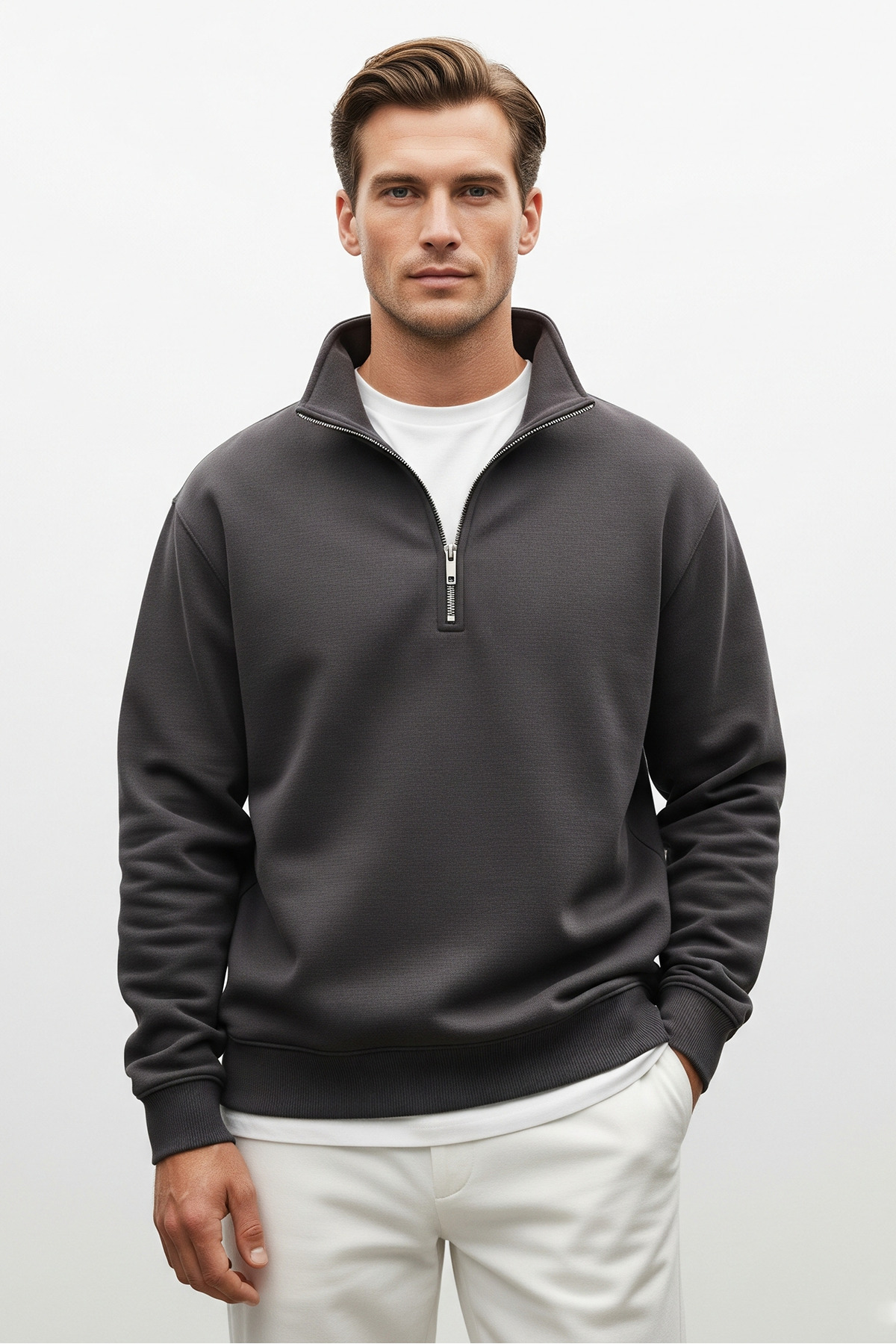 Erkek Yarım Fermuarlı Salaş Füme Sweatshirt 3