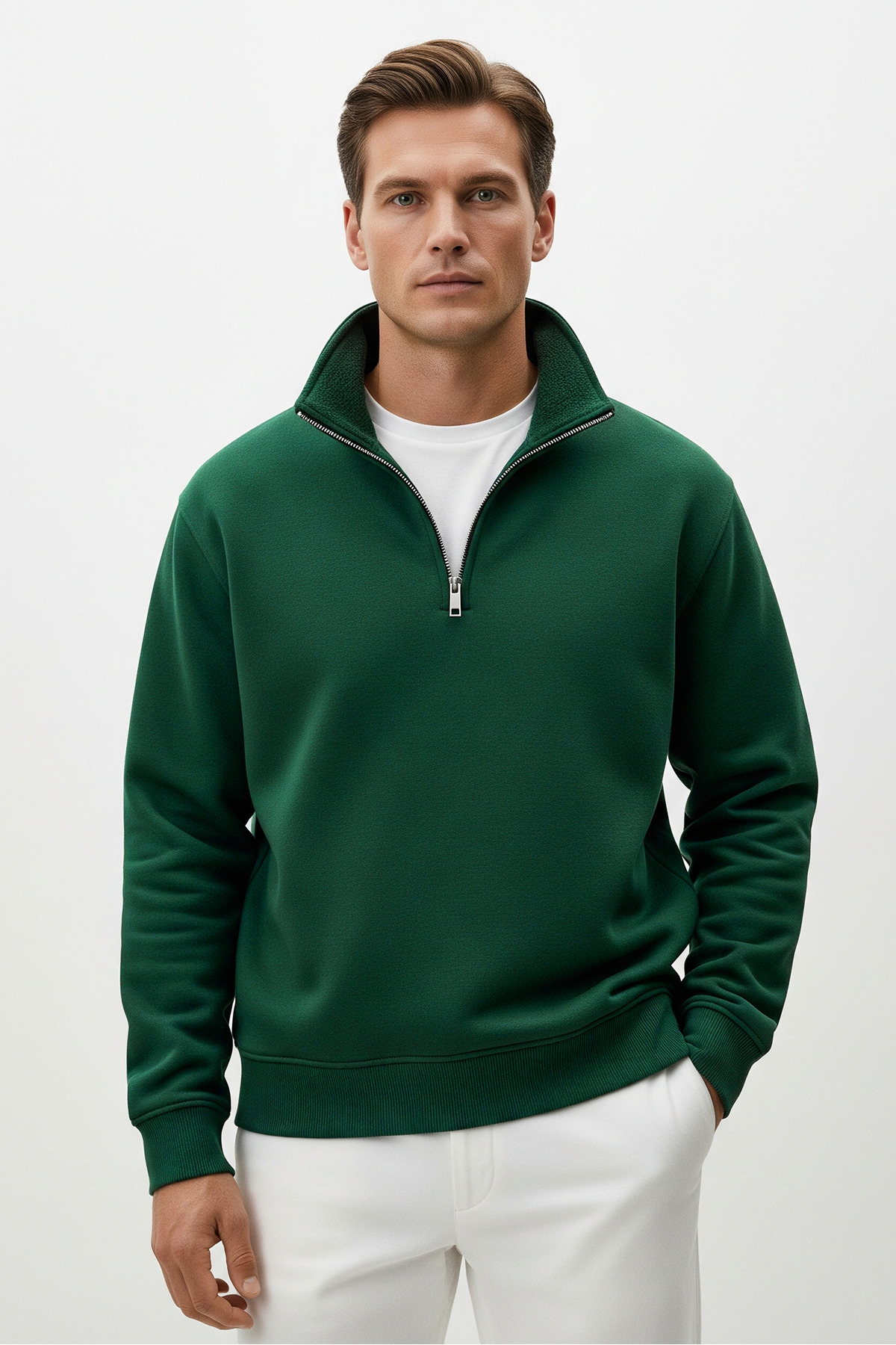 Erkek Yarım Fermuarlı Salaş Nefti Sweatshirt HAKİ 4