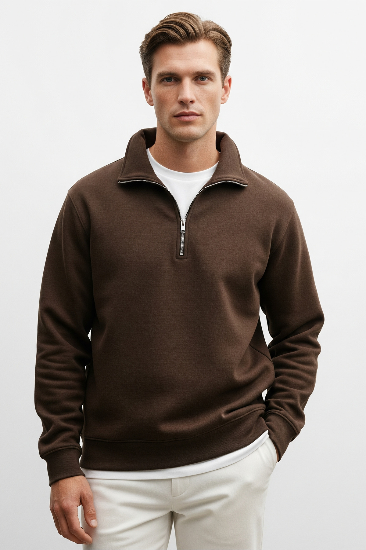 Erkek Yarım Fermuarlı Salaş KAHVERENGİ Sweatshirt 6