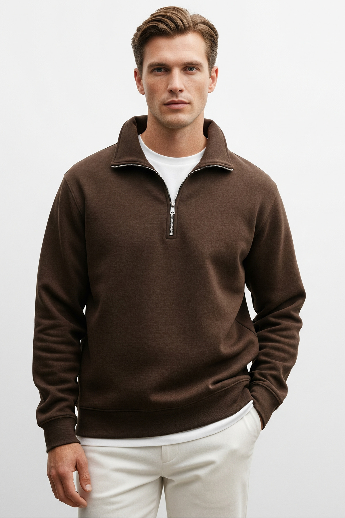 Erkek Yarım Fermuarlı Salaş KAHVERENGİ Sweatshirt 5