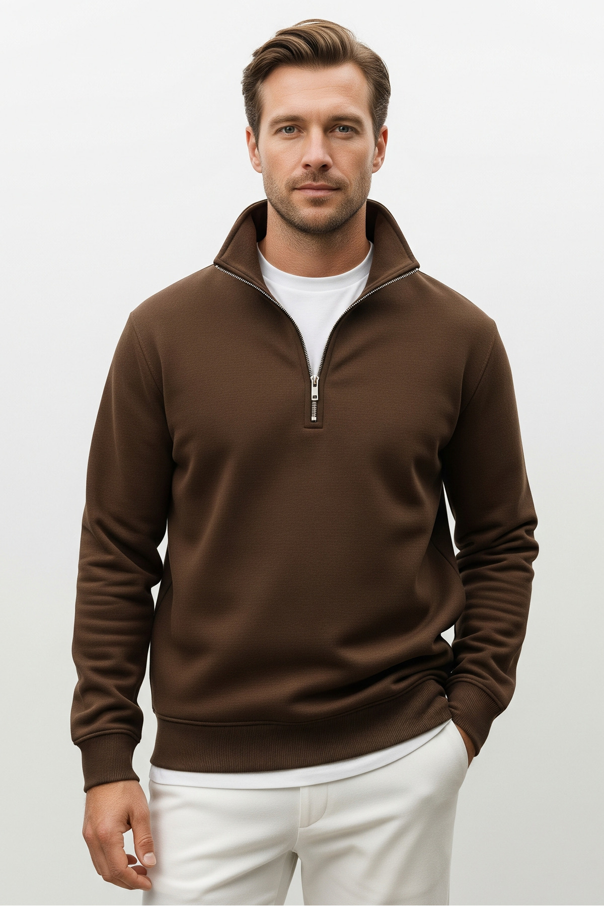 Erkek Yarım Fermuarlı Salaş KAHVERENGİ Sweatshirt 4