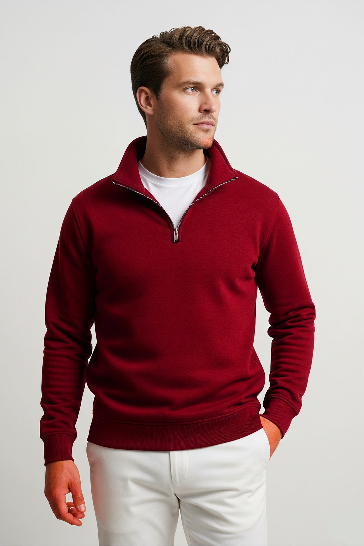 Erkek Yarım Fermuarlı Bol KIRMIZI Sweatshirt 4
