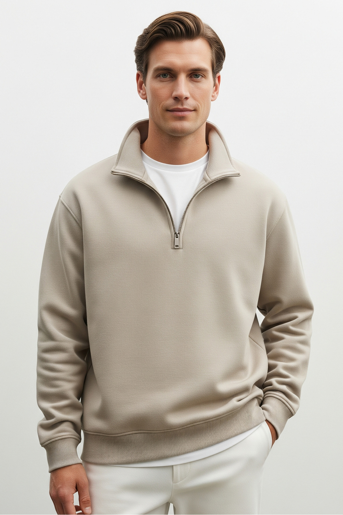 Erkek Yarım Fermuarlı Salaş Krem Sweatshirt 6