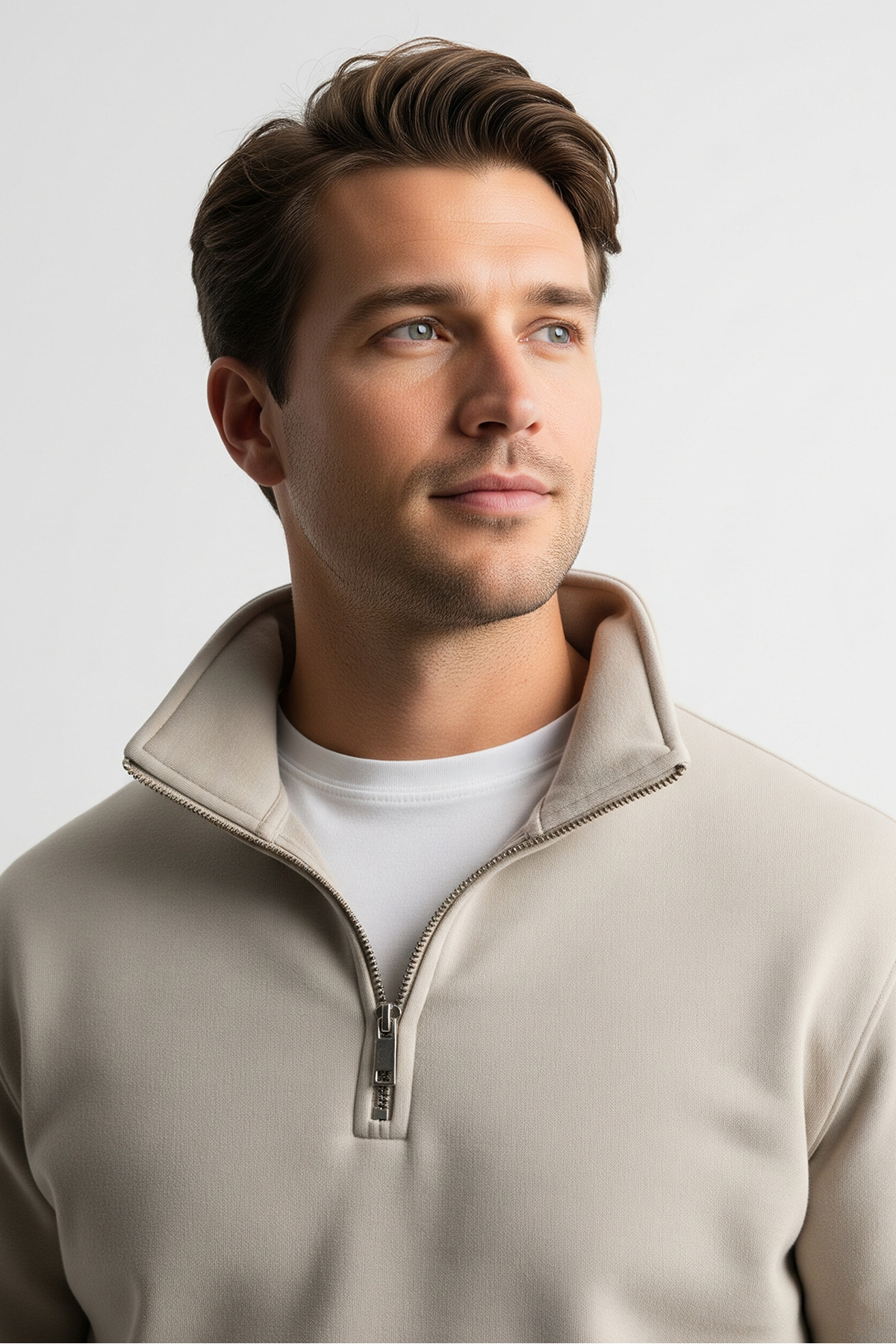 Erkek Yarım Fermuarlı Salaş Krem Sweatshirt 3