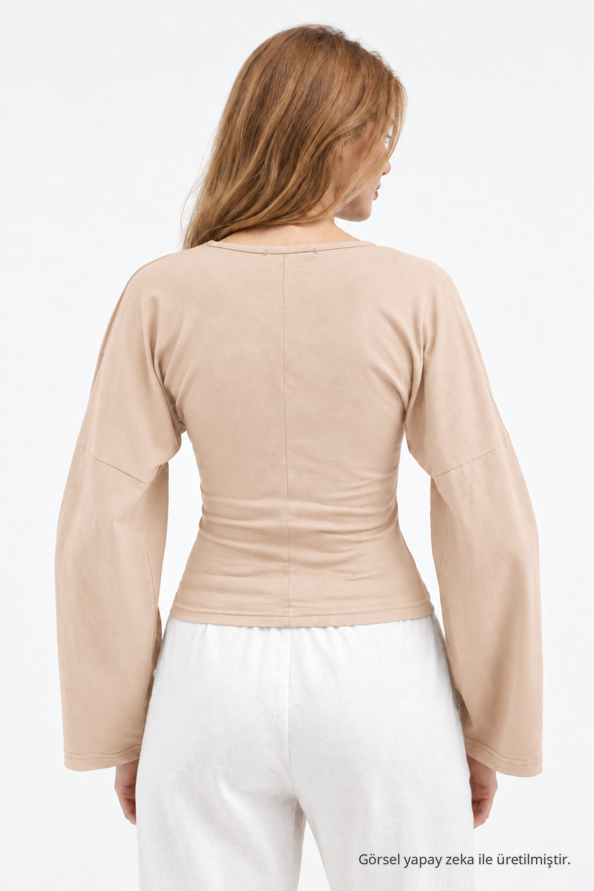 Kadın Reglan Kol Dokulu Crop Bej Bluz 3