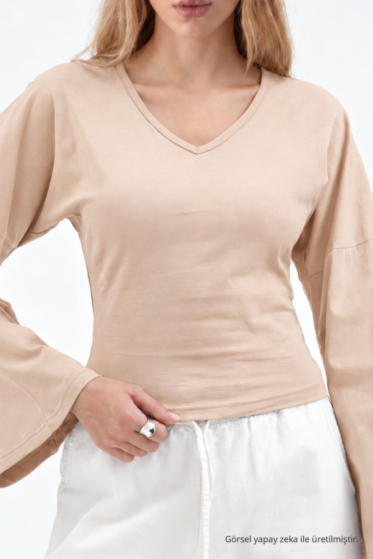Kadın Reglan Kol Dokulu Crop Bej Bluz 5