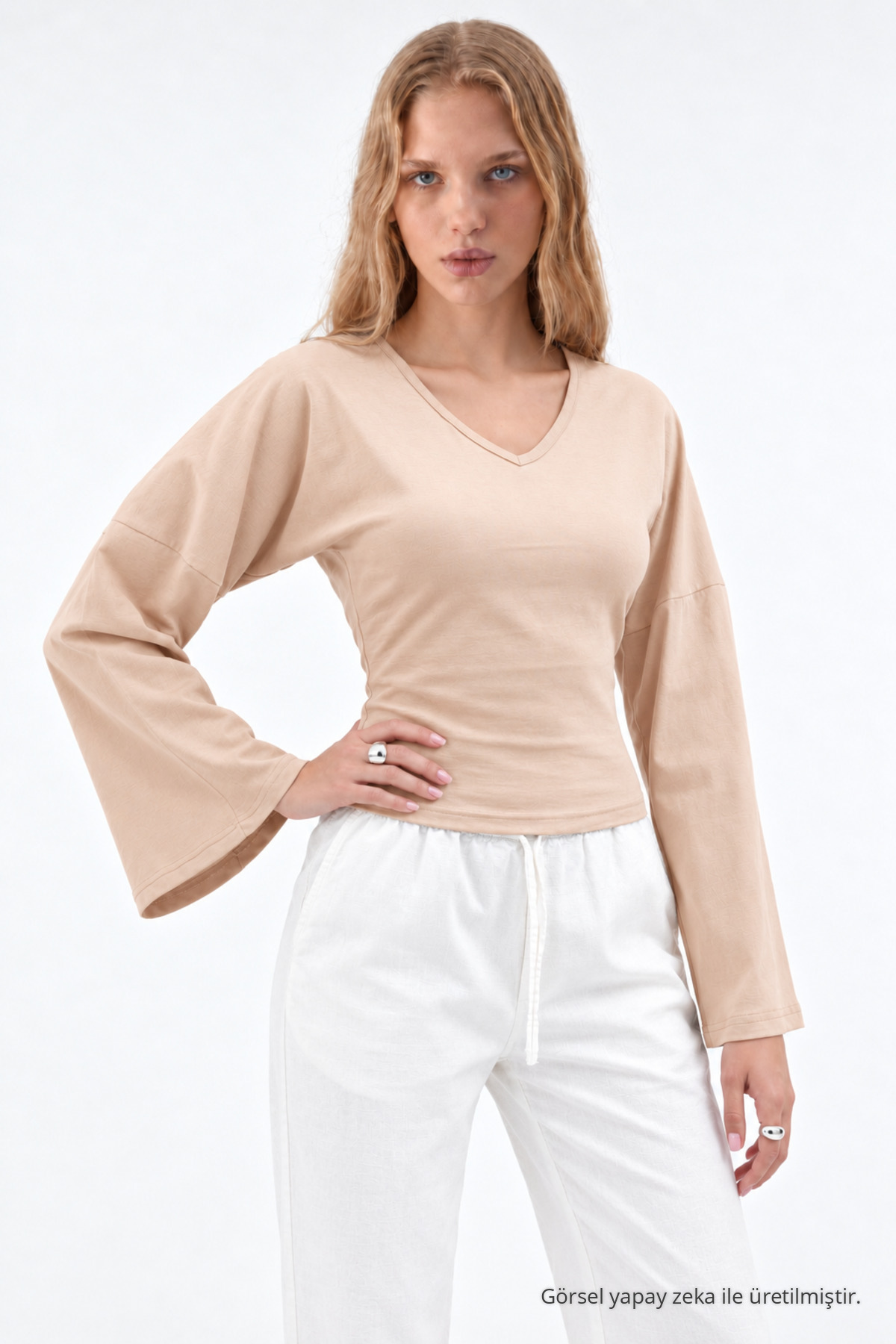 Kadın Reglan Kol Dokulu Crop Bej Bluz 4