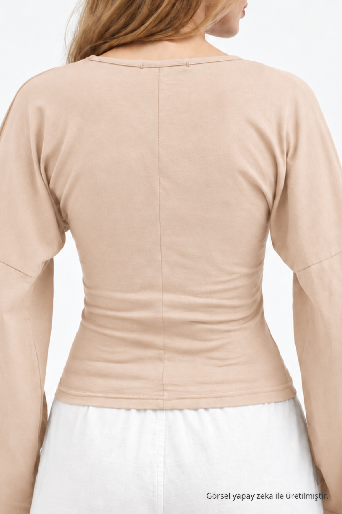 Kadın Reglan Kol Dokulu Crop Bej Bluz 6